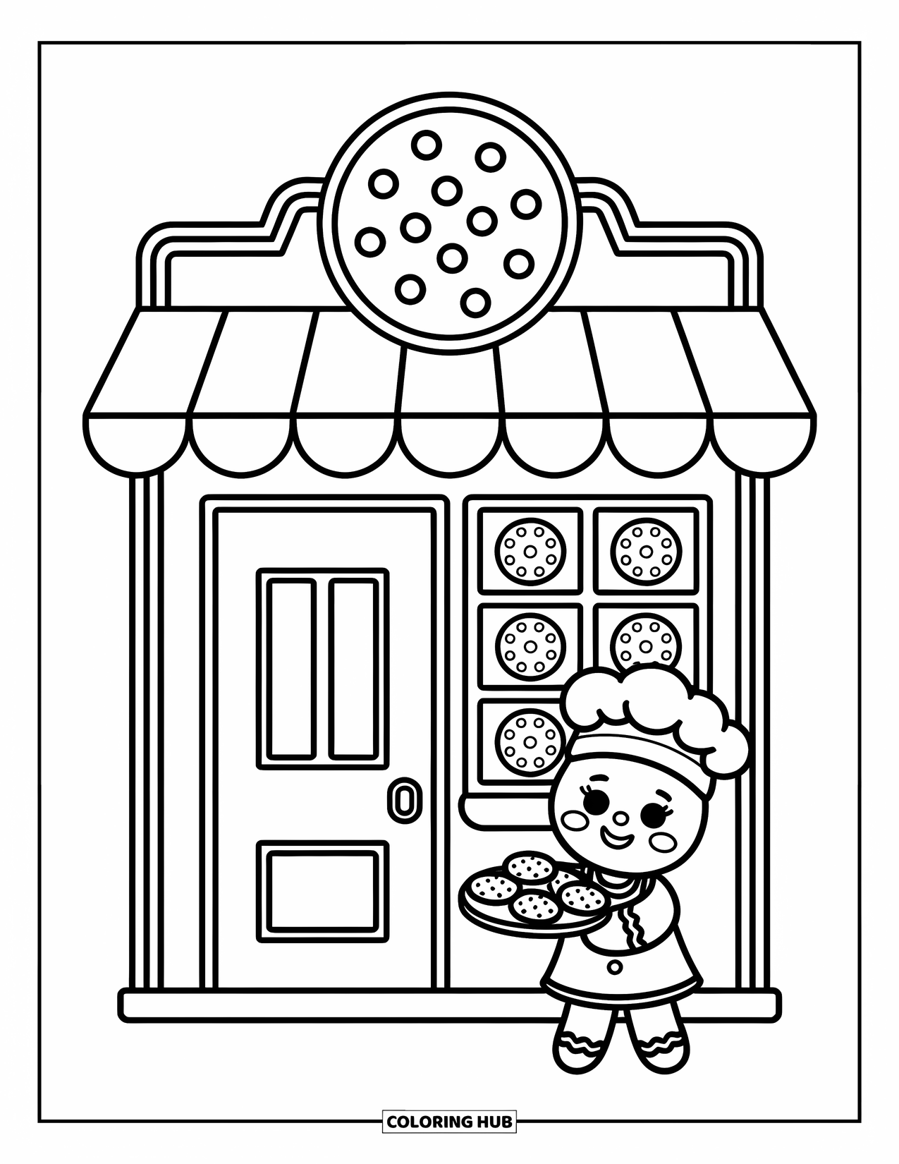 Desen de colorat cu o căsuță de turtă dulce pentru adulți: Un magazin confortabil de turtă dulce cu un semn de biscuiți, o copertină cu dungi de bomboane și un brutar vesel în interior