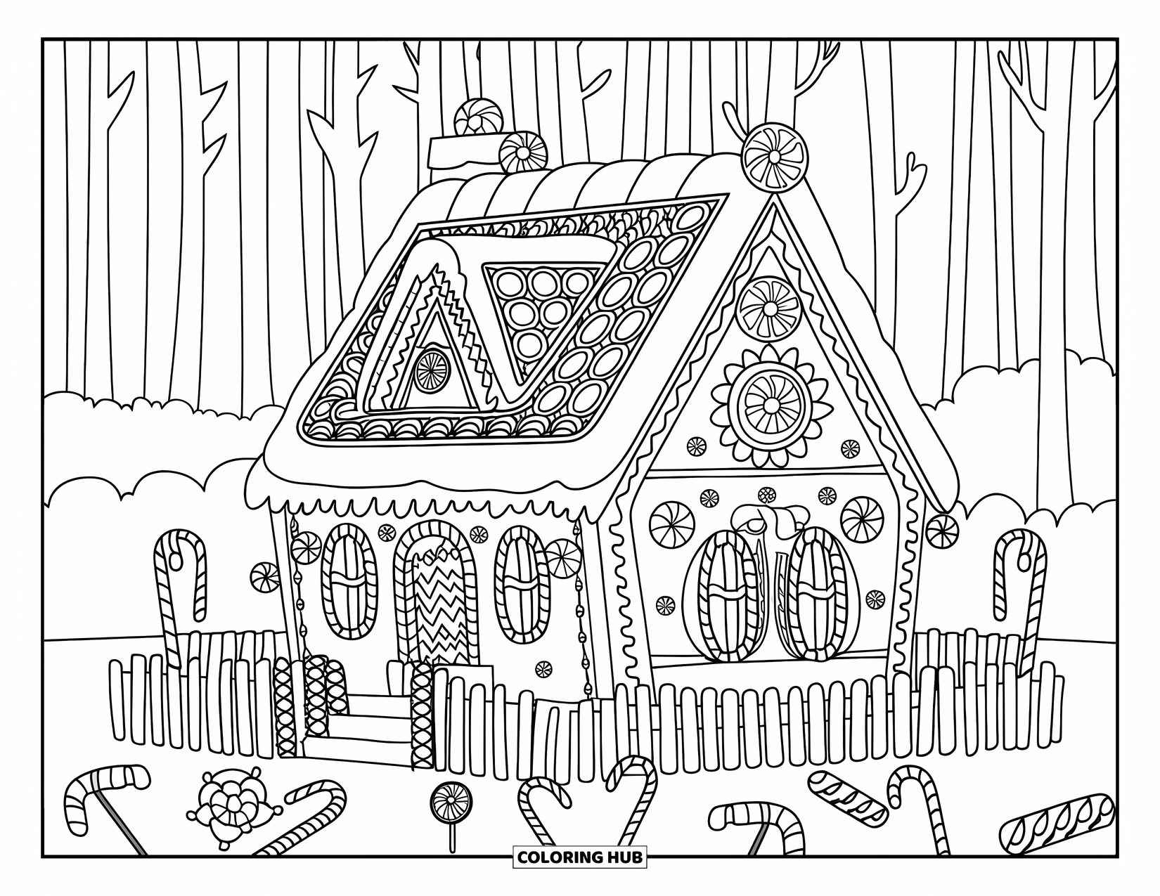 Desen de colorat cu o casă decorată de turtă dulce cu un acoperiș de paie, un gard de bomboane și dulciuri peste tot