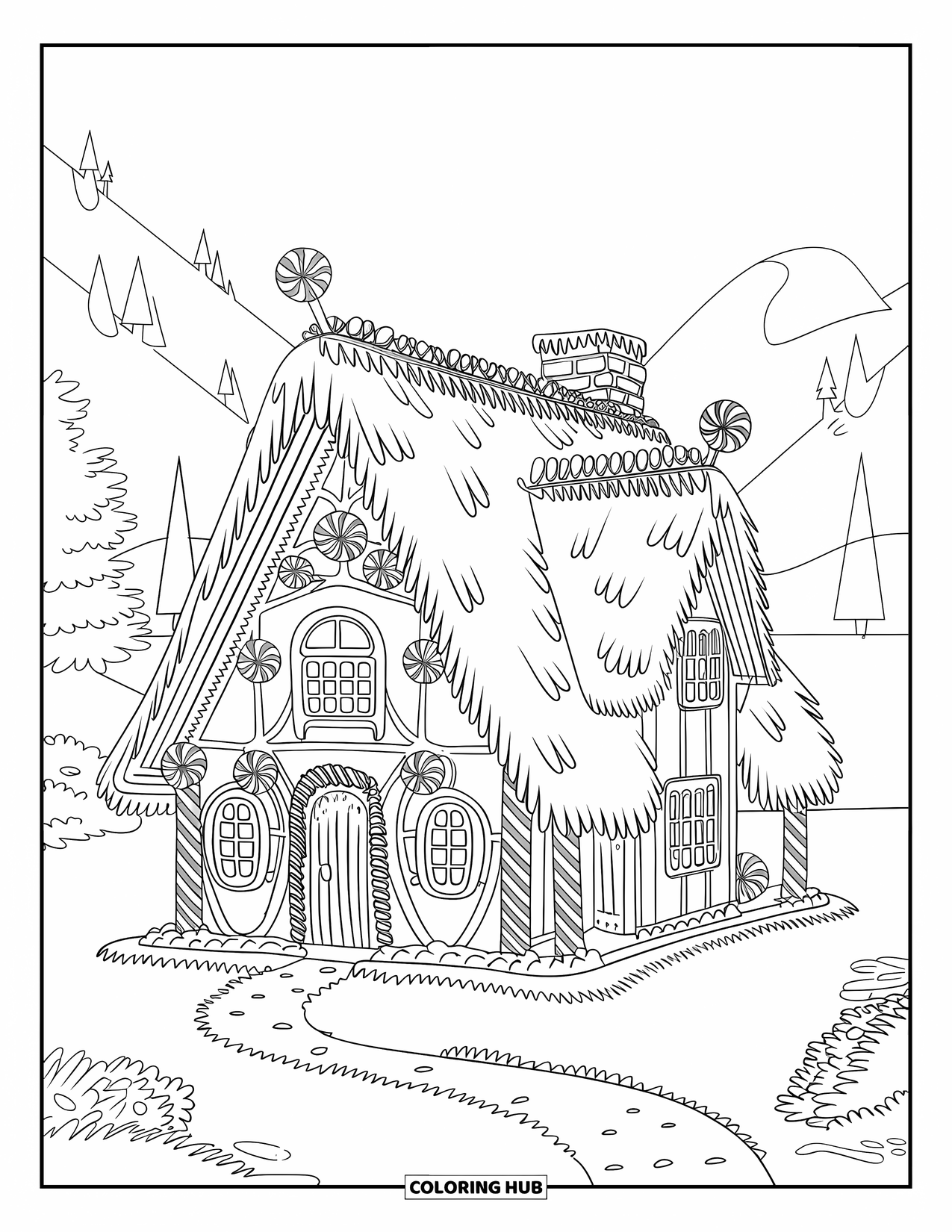 Desen de colorat cu o casă de turtă dulce pentru adulți: O casă detaliată de turtă dulce cu coloane de mentă, vârtejuri de glazură și o vedere pitorească la munte