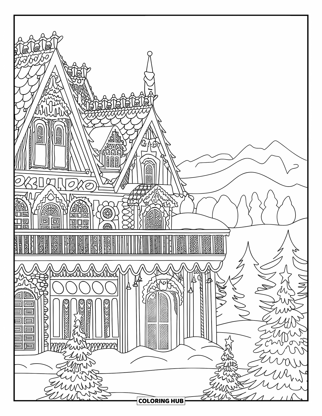 Desen de colorat cu o casă de turtă dulce pentru adulți: Un palat detaliat de turtă dulce cu terenuri acoperite de zăpadă și pomi de Crăciun festivi