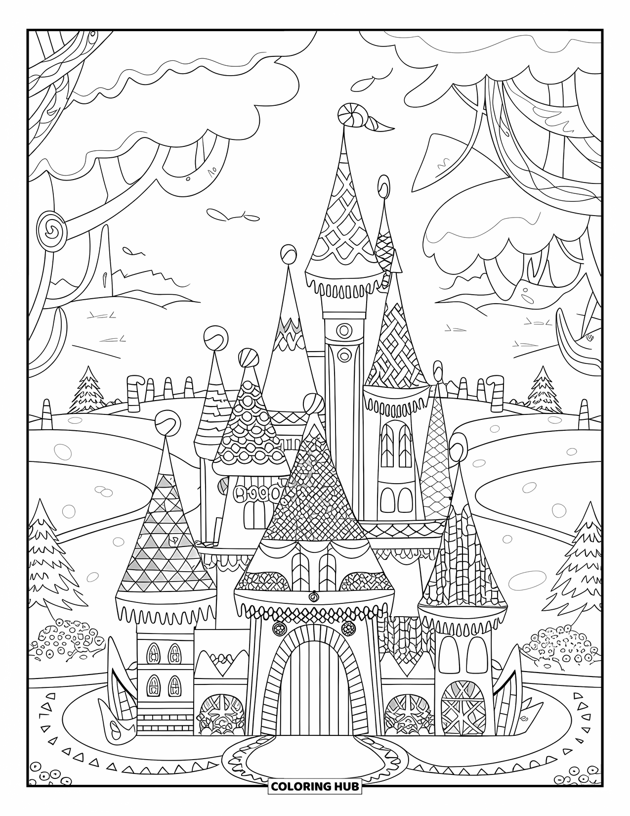 Desen de colorat cu o casă de turtă dulce pentru adulți: Un castel fantastic de turtă dulce cu turnuri, un șanț și un peisaj pașnic