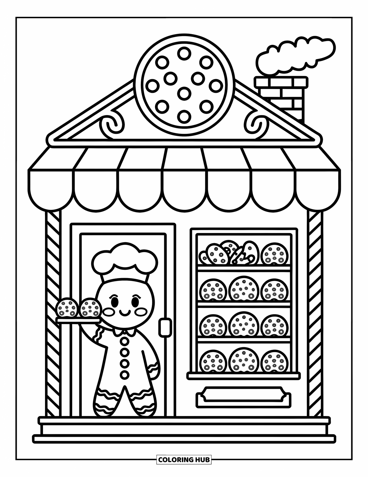 Desen de colorat cu o căsuță de turtă dulce pentru adulți: Un brutar de turtă dulce ține o tavă de biscuiți în fața unui magazin fermecător de bomboane