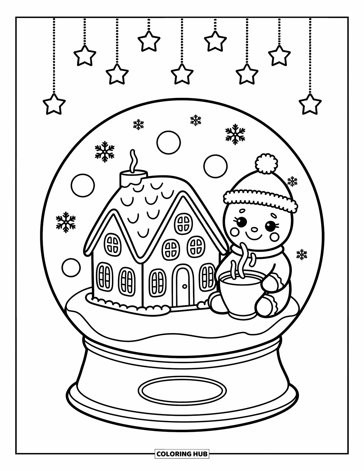 Desen de colorat cu o căsuță de turtă dulce pentru adulți: Un urs de turtă dulce se bucură de cacao lângă o casă mică într-un glob de zăpadă magic