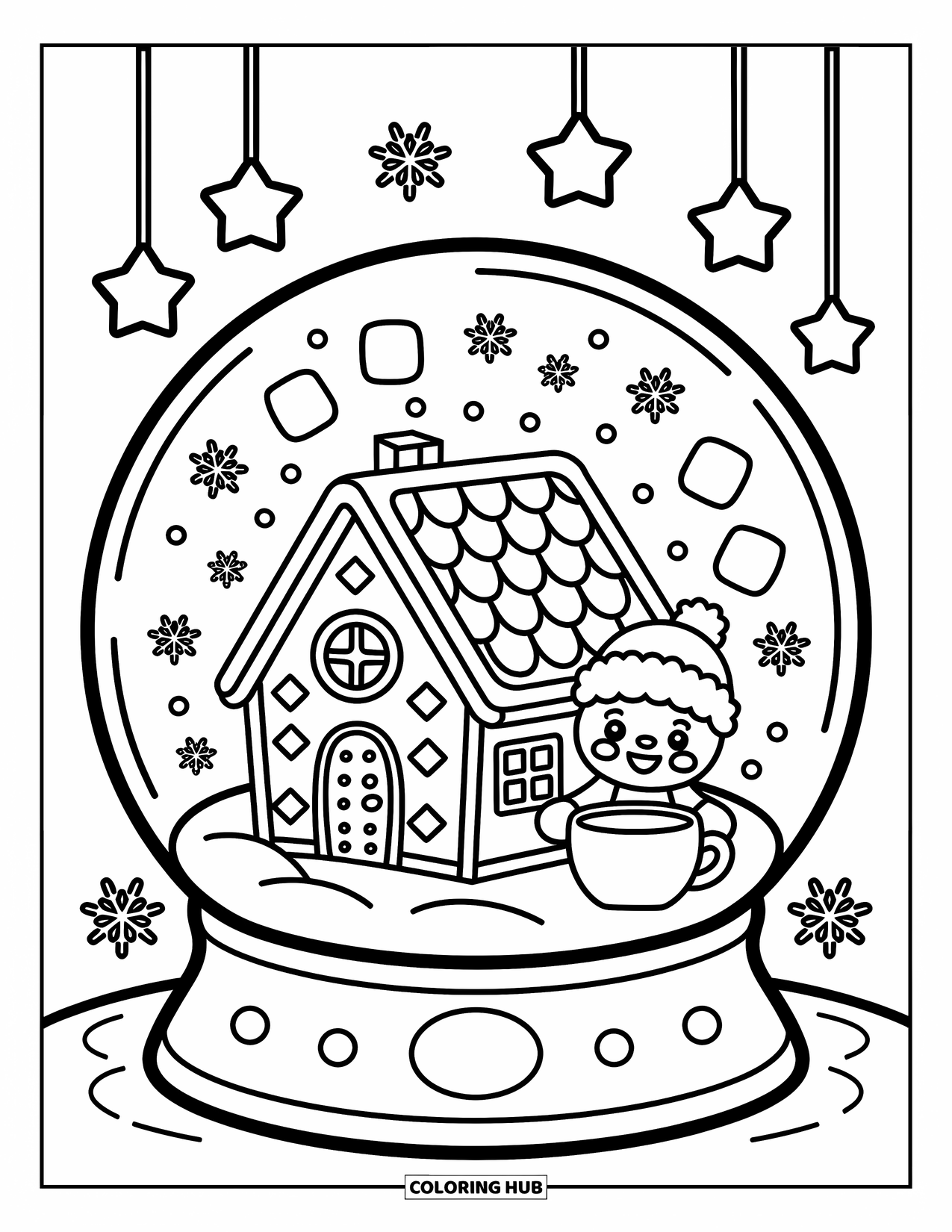Desen de colorat cu o căsuță de turtă dulce pentru adulți: Un urs de turtă dulce, purtând o pălărie de iarnă, ține cacao lângă o casă într-un glob de zăpadă