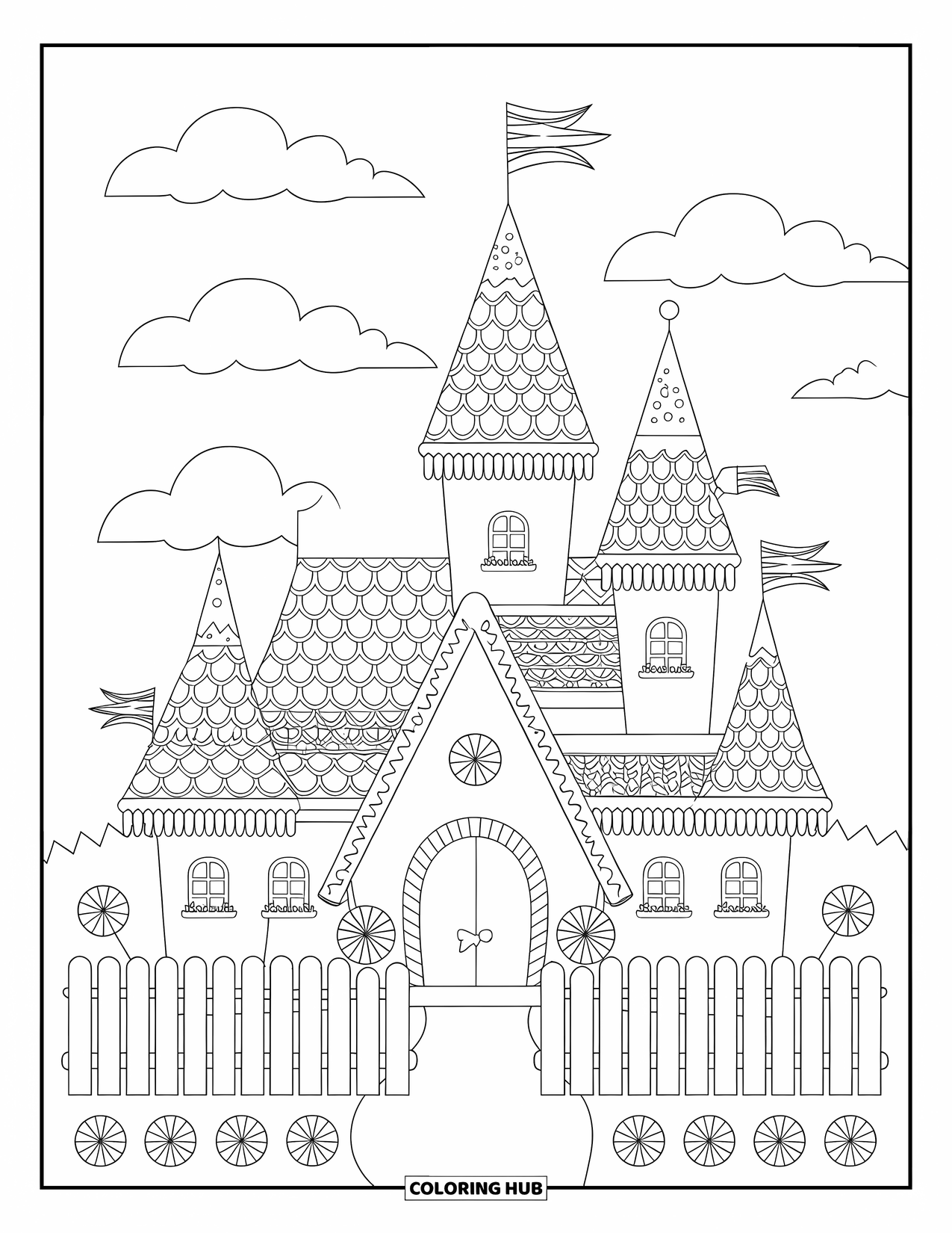 Desen de colorat cu o casă de turtă dulce pentru adulți: Un castel de turtă dulce cu glazură dantelată, înconjurat de un gard de pichet și flori de dropsuri