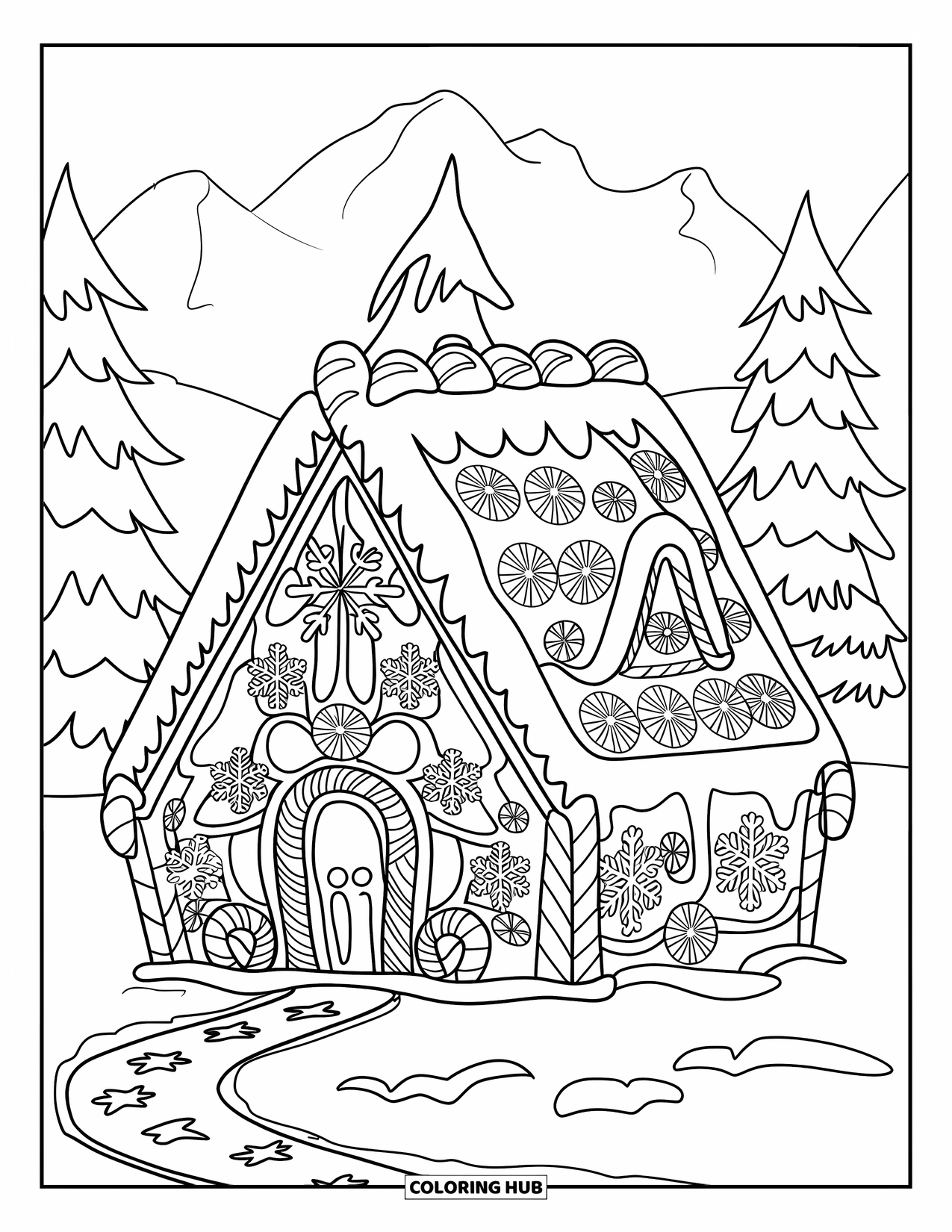 Desen de colorat cu o casă de turtă dulce pentru adulți: O casă de turtă dulce într-un peisaj înzăpezit, cu o potecă fermecătoare care duce la ușa sa