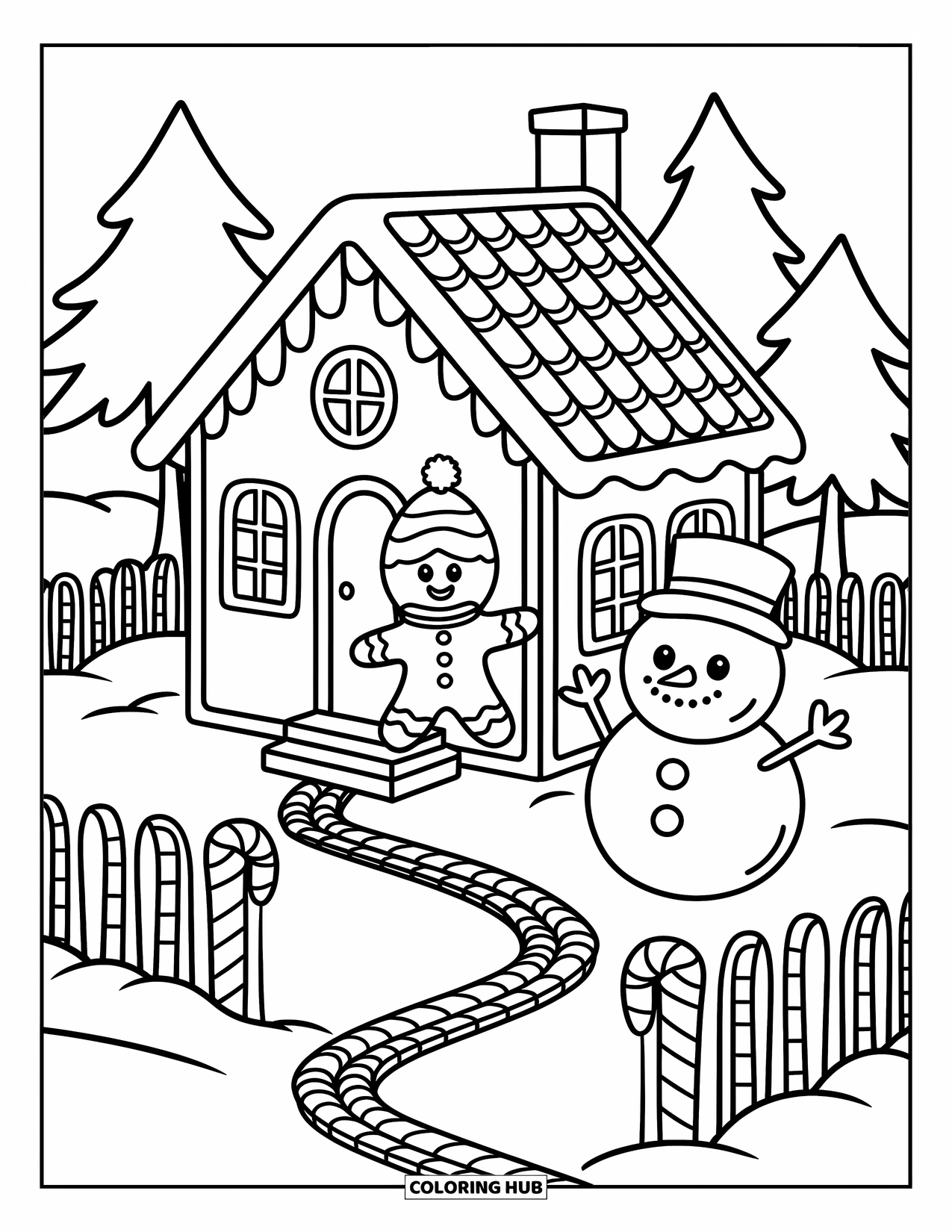 Desen de colorat cu o casă de turtă dulce pentru adulți: O casă de turtă dulce se află printre bastoane de acadea și dropsuri, cu un om de zăpadă din marshmallow lângă ea