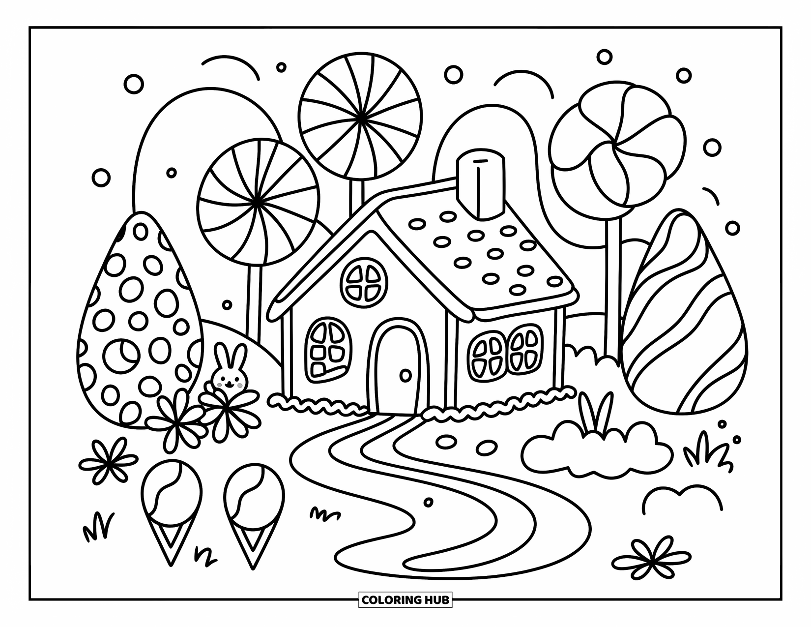 Desen de colorat cu o căsuță de turtă dulce pentru adulți: O casă de turtă dulce înconjurată de copaci de bomboane, un râu de ciocolată și un iepuraș jucăuș de turtă dulce