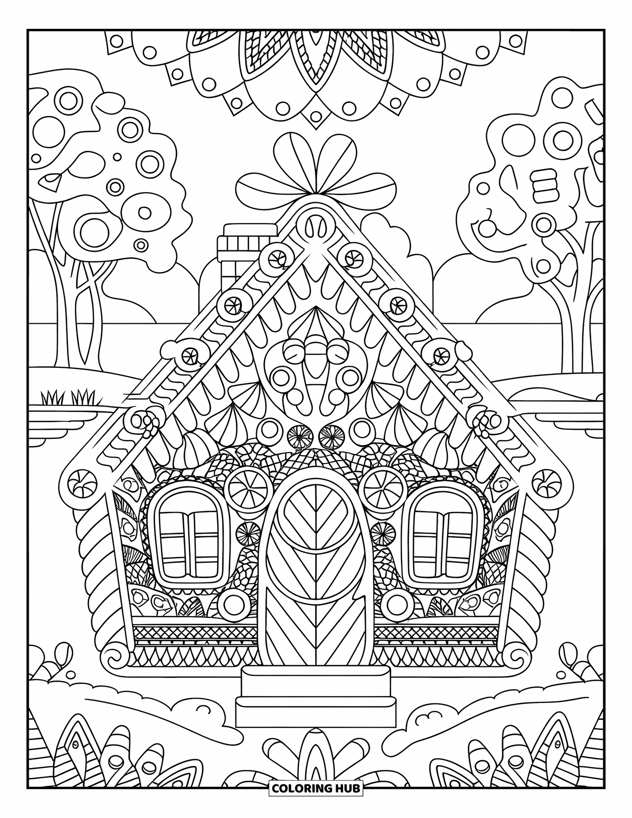 Desen de colorat cu o casă de turtă dulce pentru adulți: O casă de turtă dulce cu glazură complexă de mandala și un cadru liniștit pe malul râului