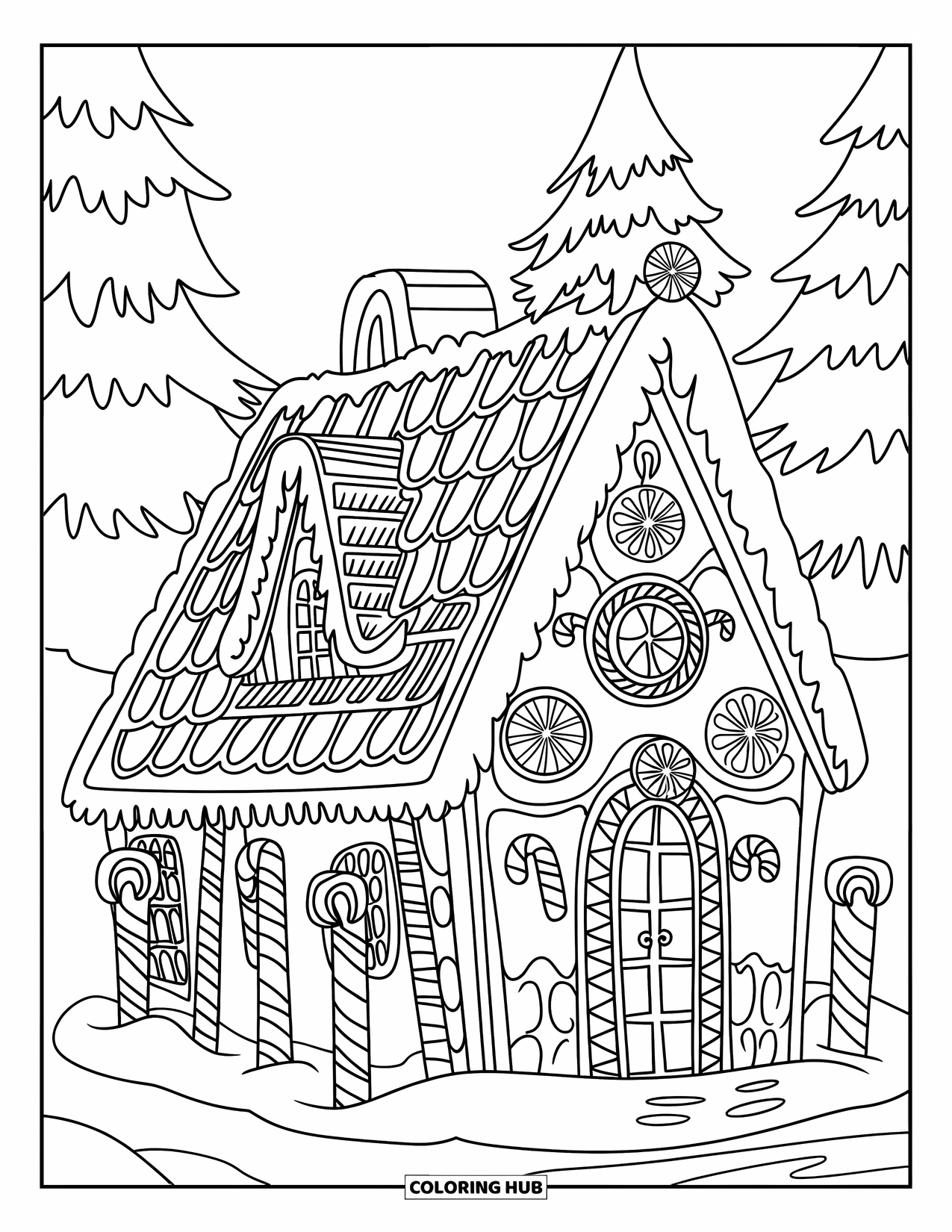 Desen de colorat cu o casă de turtă dulce pentru adulți: O casă de turtă dulce cu stâlpi de mentă, vârtejuri de glazură și un fundal de pădure înzăpezită