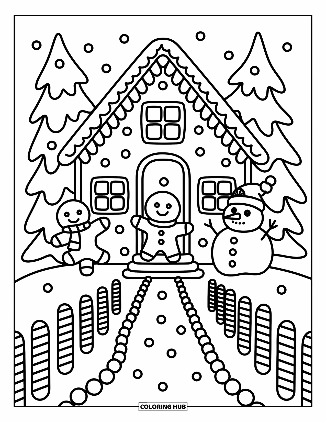 Desen de colorat cu o căsuță de turtă dulce pentru adulți: O persoană de turtă dulce face cu mâna fericită din casa lor plină de bomboane, cu un om de zăpadă de marshmallow în apropiere