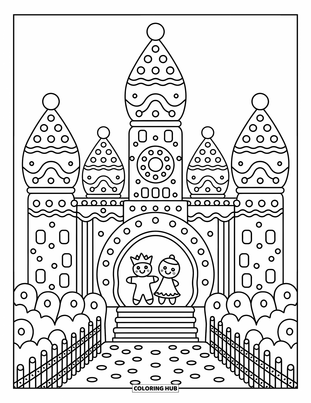 Desen de colorat cu o casă de turtă dulce pentru adulți: Un prinț și o prințesă de turtă dulce stau pe un balcon de bomboane al castelului lor maiestuos de biscuiți