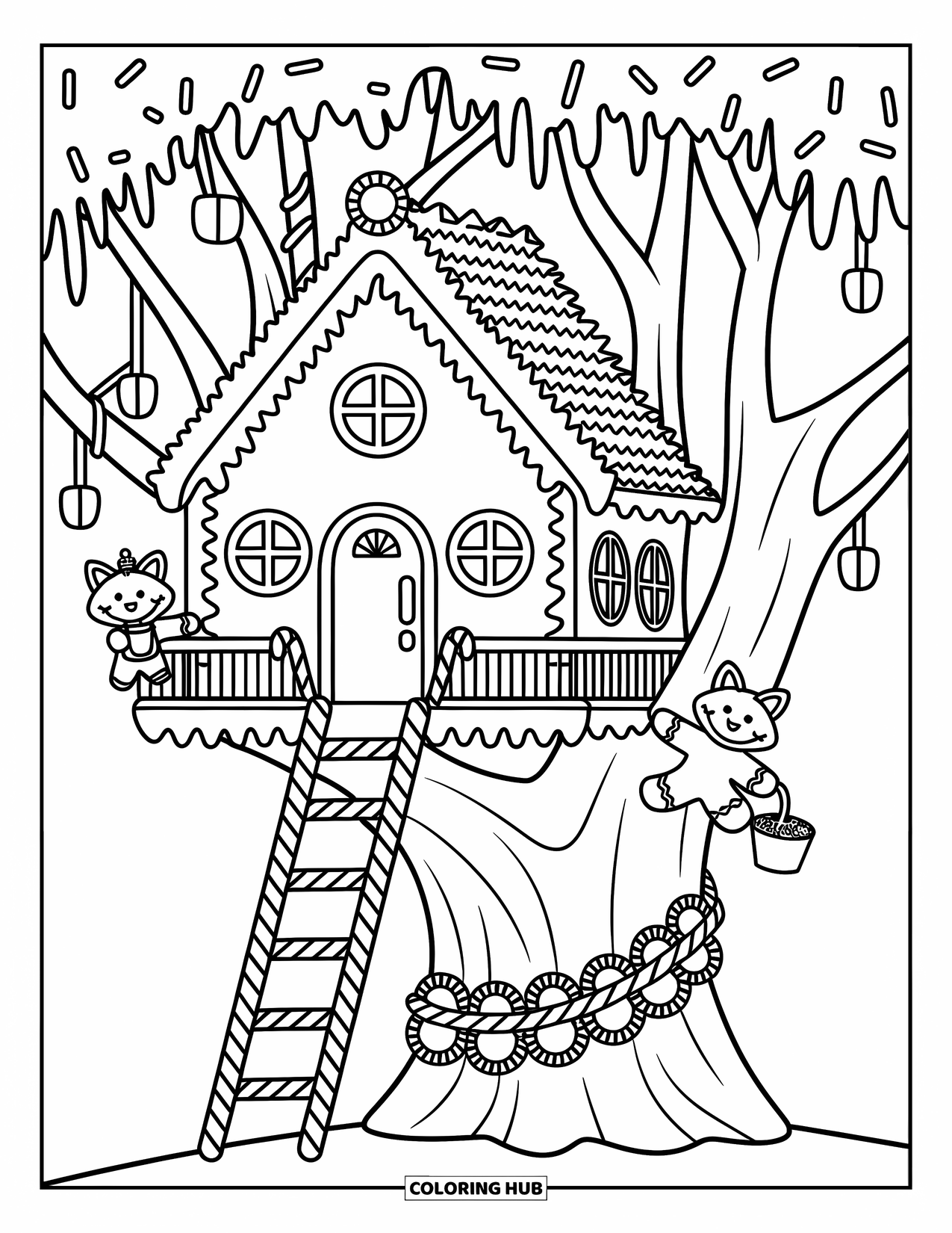 Desen de colorat cu o casă de turtă dulce pentru adulți: O casă în copac din turtă dulce cu o scară de bastoane de acadea, unde o vulpe mică se bucură de o cacao caldă