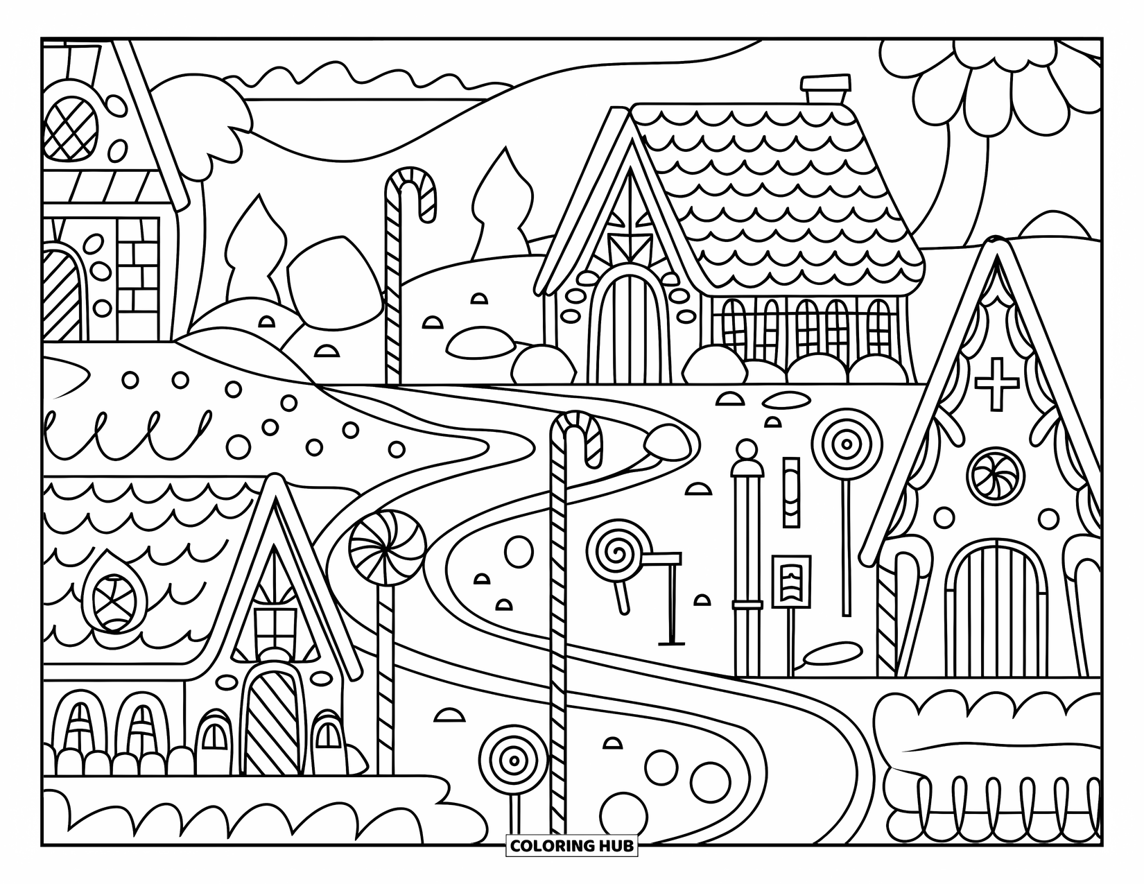 Desen de colorat cu o casă de turtă dulce pentru adulți: Un sat de turtă dulce cu un castel, o biserică și străzi tematice cu bomboane