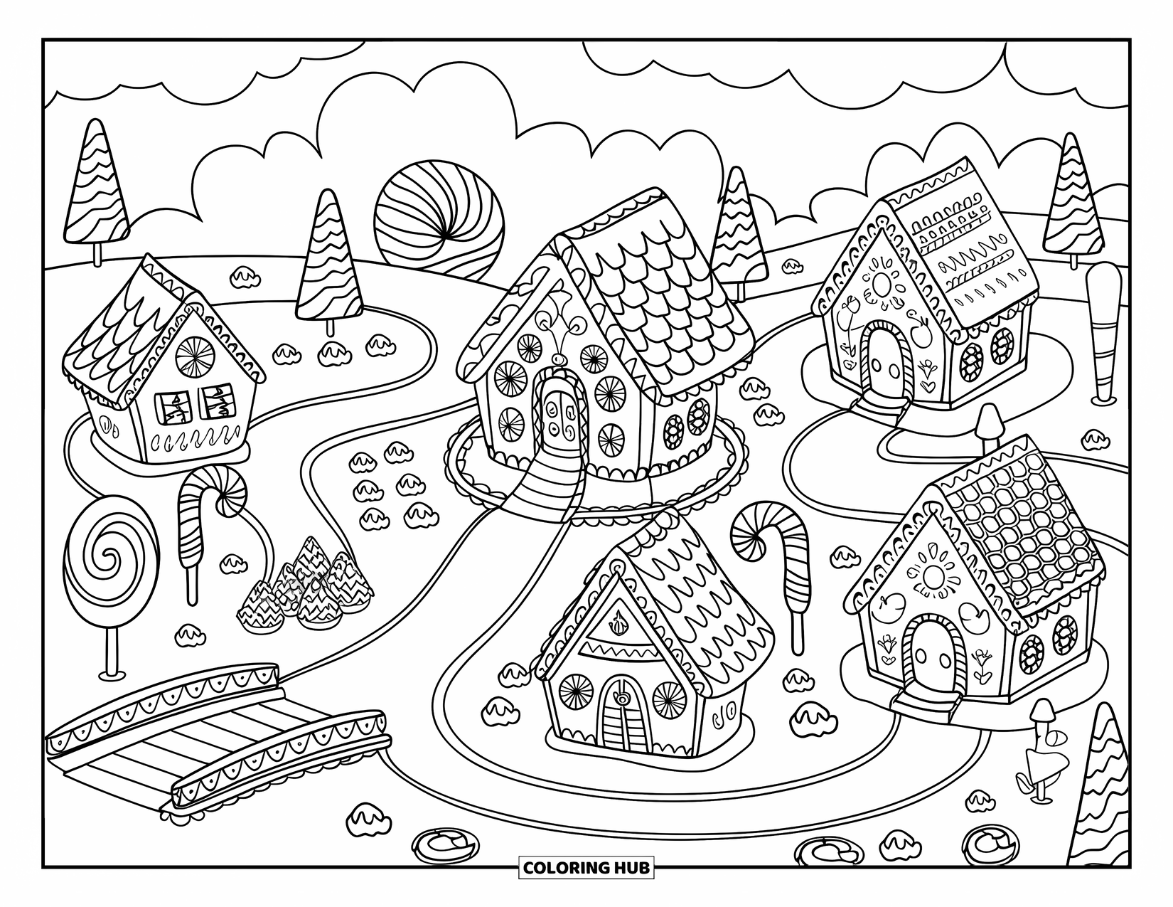 Desen de colorat cu o casă de turtă dulce pentru adulți: Un sat de turtă dulce cu un șanț de sirop, un pod mobil și case fermecătoare pline de bomboane