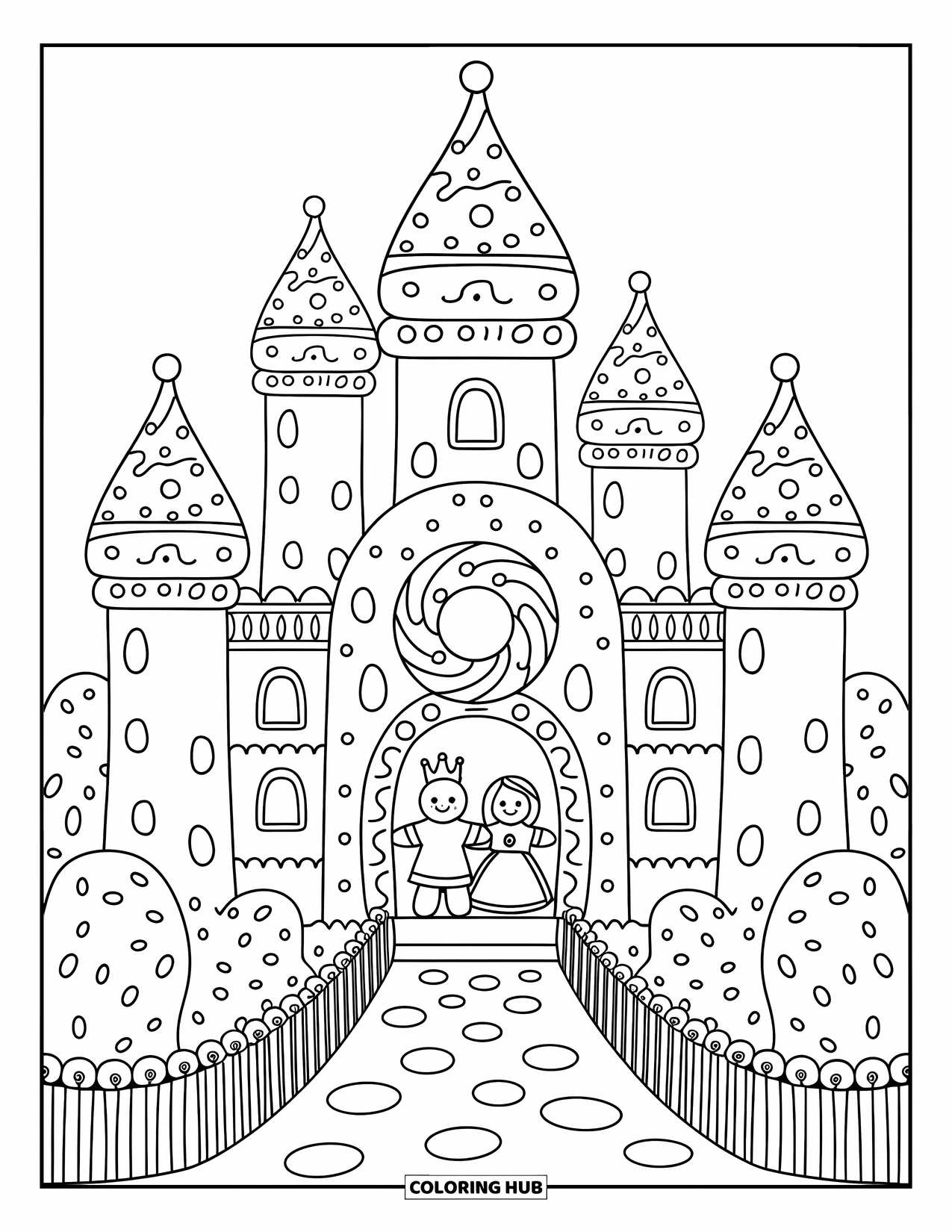 Desen de colorat cu o casă de turtă dulce pentru adulți: Un castel grandios de turtă dulce cu stâlpi de glazură, garduri de bomboane și un duo regal de turtă dulce