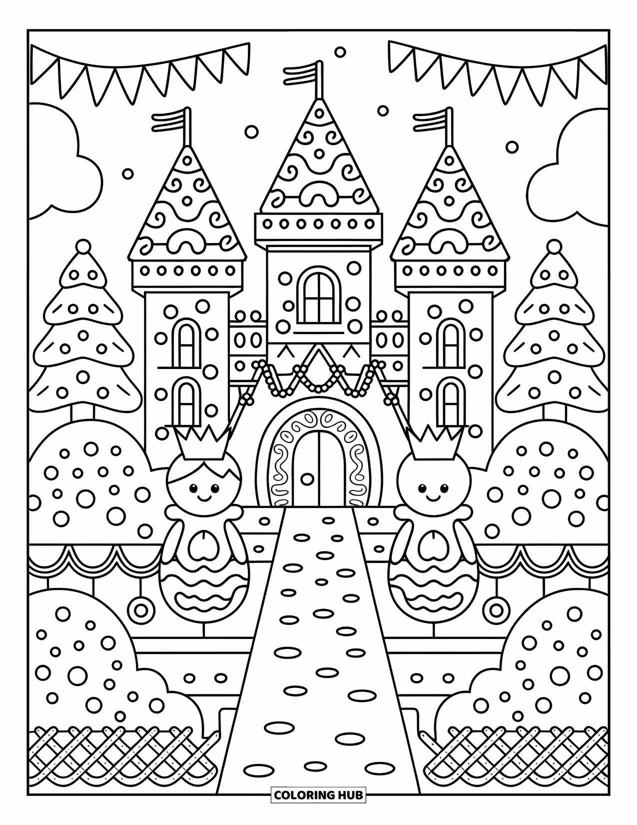Desen de colorat cu o casă de turtă dulce pentru adulți: Un castel grandios de turtă dulce cu turnuri de glazură, o intrare din gogoși și figurine regale minuscule din turtă dulce