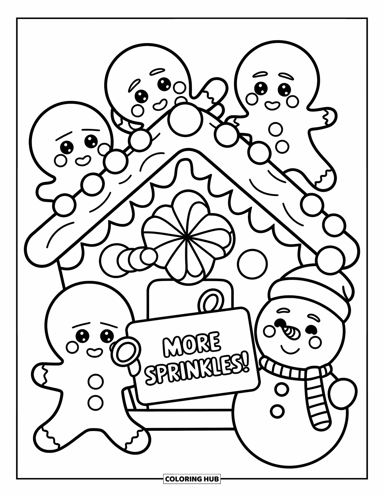 Desen de colorat cu o casă de turtă dulce pentru adulți: Un grup de prieteni de turtă dulce decorează o casă cu glazură și bomboane, distrându-se împreună