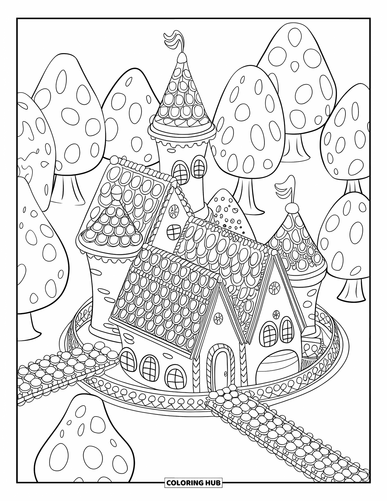 Desen de colorat cu o casă de turtă dulce pentru adulți: Un castel maiestuos de turtă dulce cu un șanț de glazură și o pădure plină de dropsuri