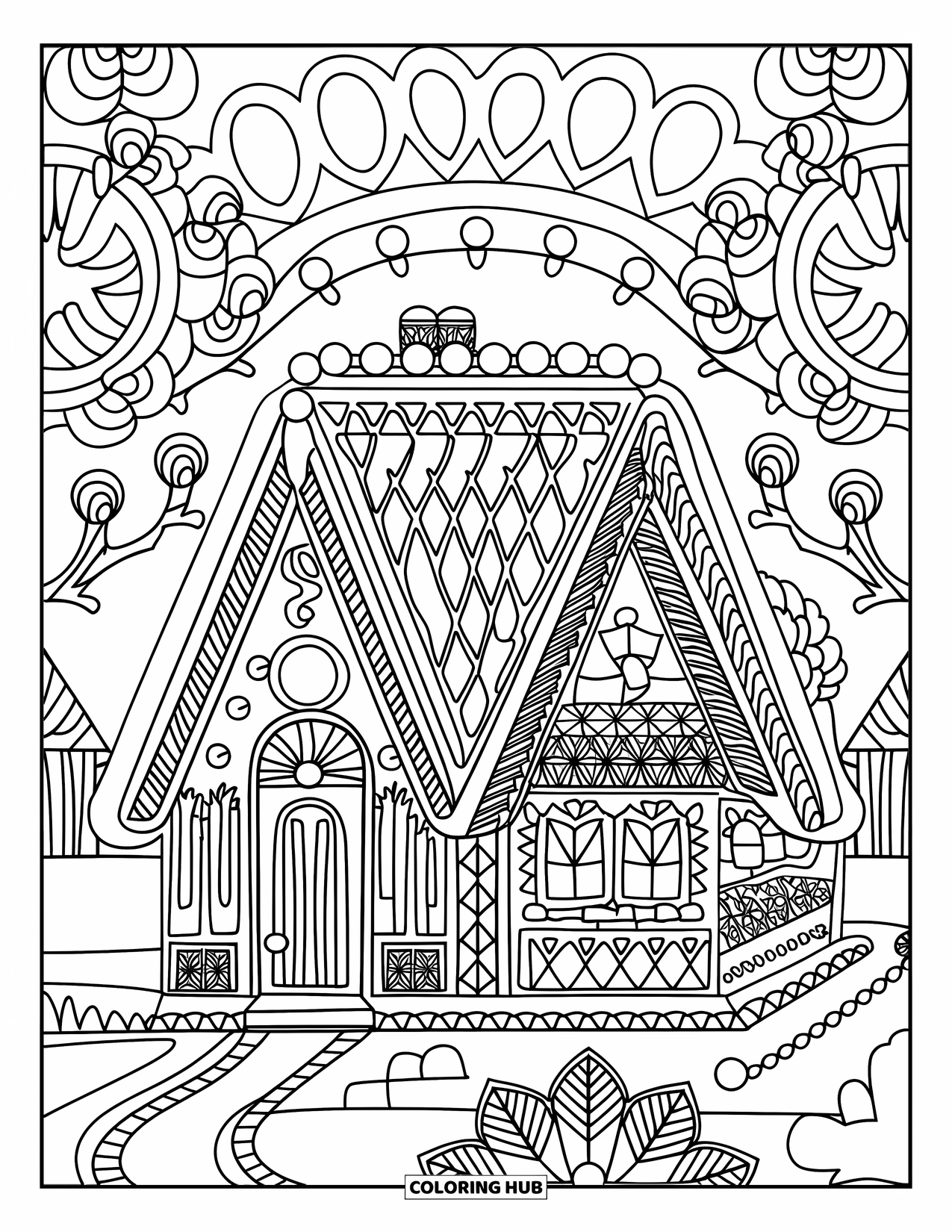 Desen de colorat cu o casă de turtă dulce pentru adulți: O casă de turtă dulce în stil mandala cu modele simetrice de glazură și accente artistice de bomboane