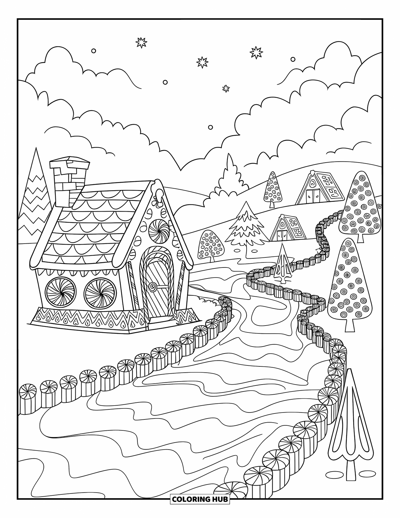 Desen de colorat cu o casă de turtă dulce pentru adulți: O scenă pașnică de turtă dulce cu un râu de mentă care curge prin dealuri acoperite de bomboane