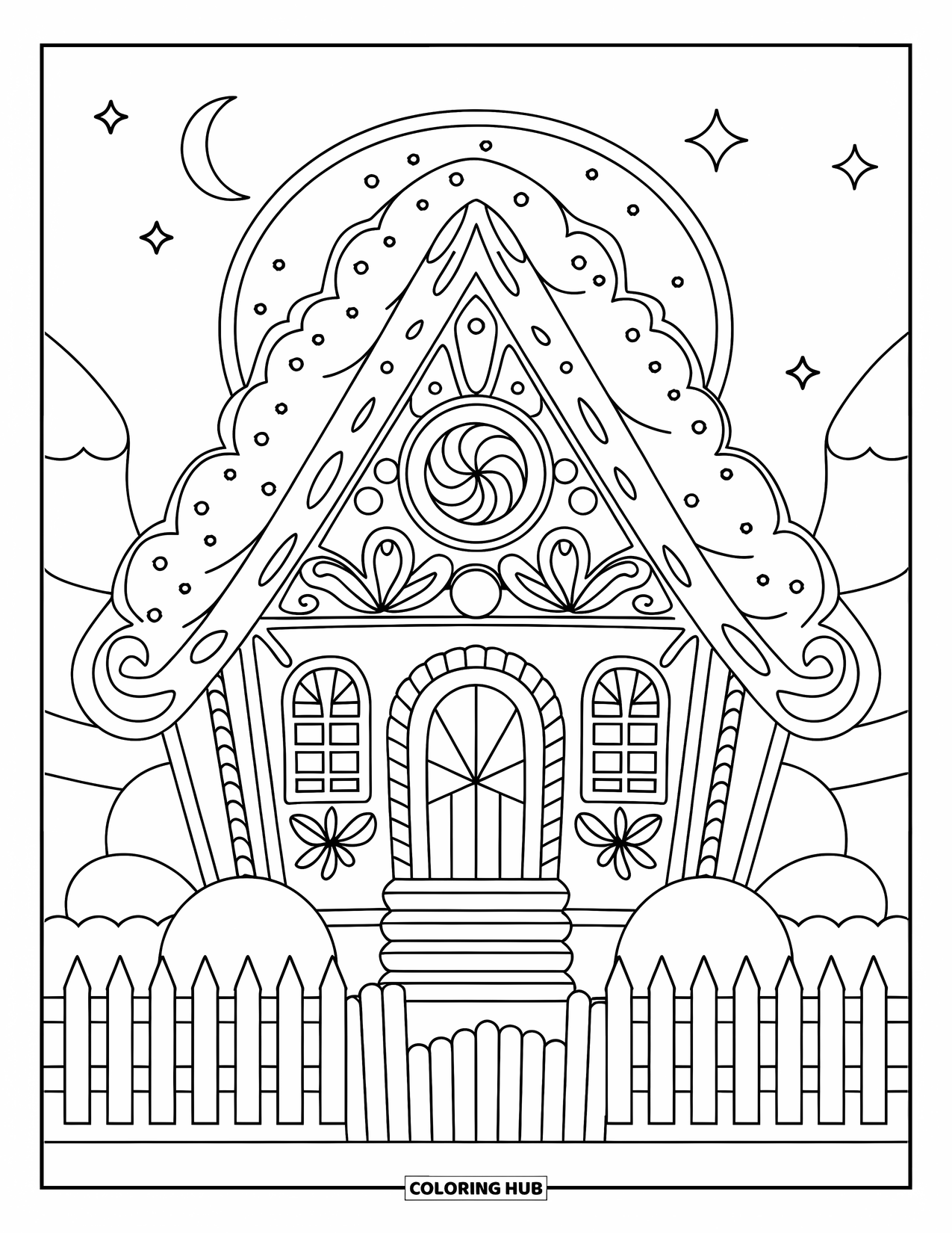 Desen de colorat cu o casă de turtă dulce pentru adulți: O casă simetrică de turtă dulce cu modele artistice, un gard de pichet și un cer înstelat