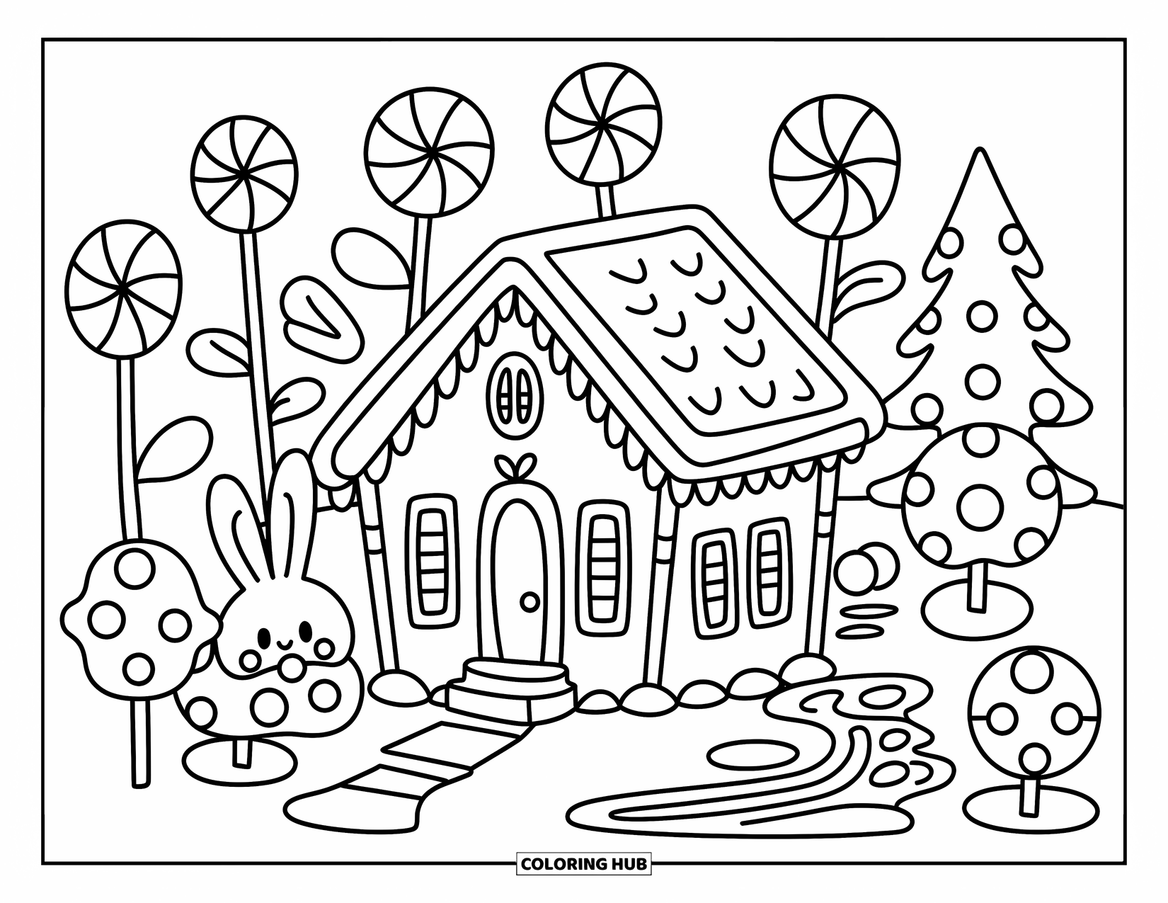 Desen de colorat cu o căsuță de turtă dulce pentru adulți: Un iepuraș mic de turtă dulce se uită dintr-o grădină de bomboane, cu un râu de ciocolată care curge în apropiere