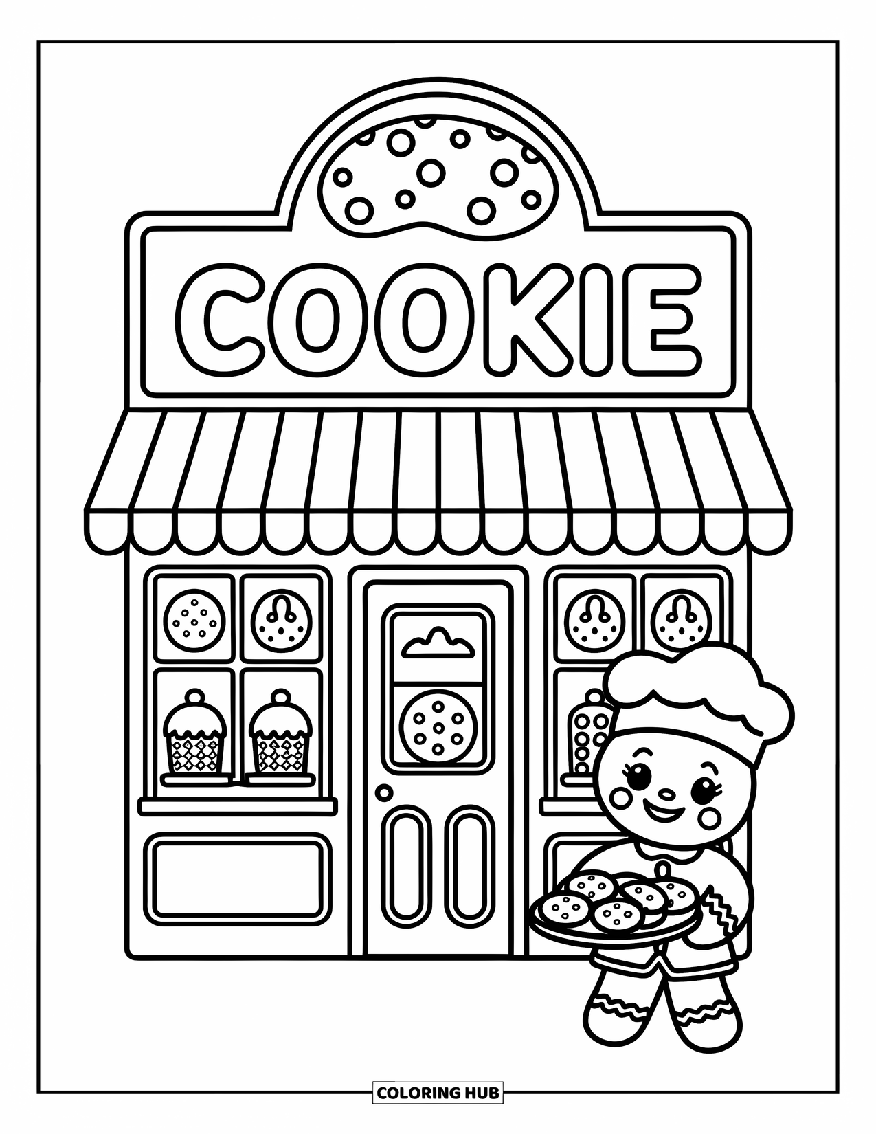 Desen de colorat cu o căsuță de turtă dulce pentru adulți: Un bucătar mic de turtă dulce prezintă biscuiți proaspeți în fața unei brutării confortabile acoperite cu bomboane