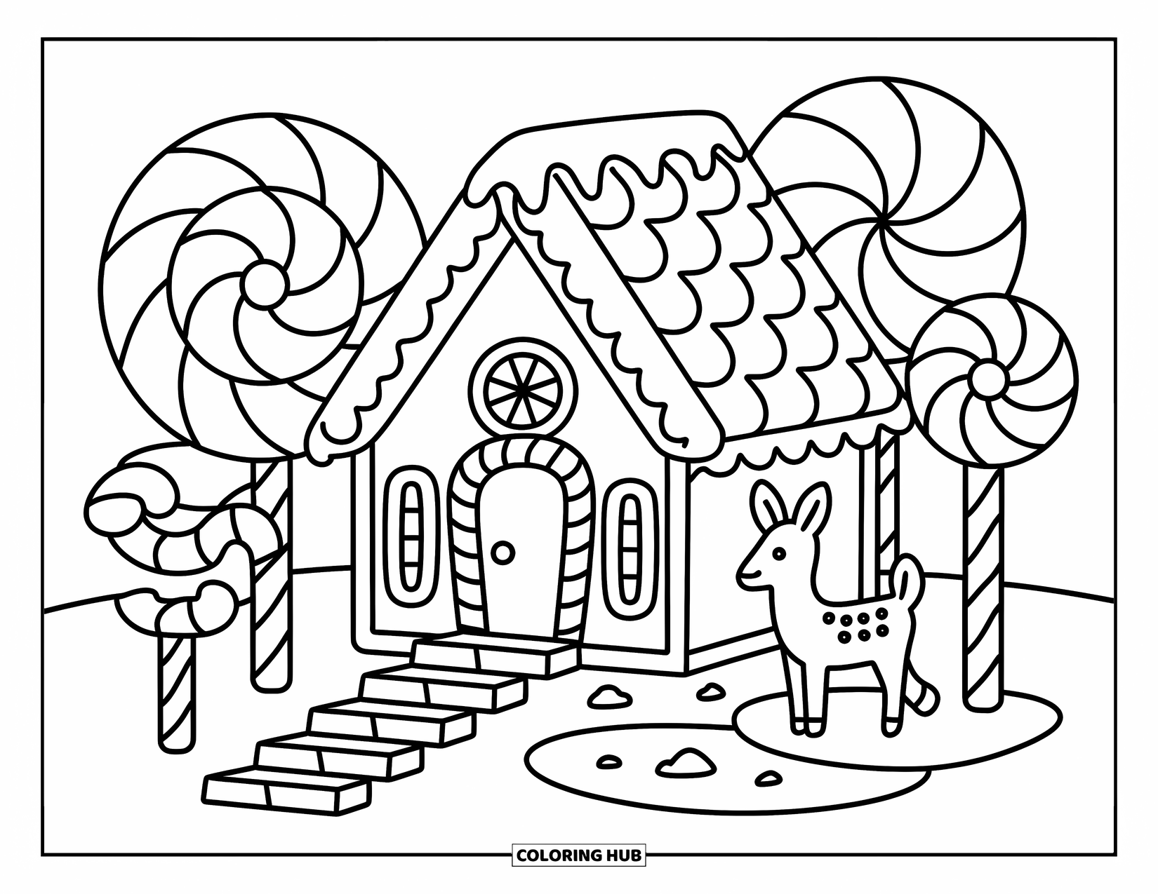 Desen de colorat cu o casă de turtă dulce pentru adulți: Un cerb mic de turtă dulce stă lângă un iaz de caramel, lângă o cabană confortabilă, plină de bomboane