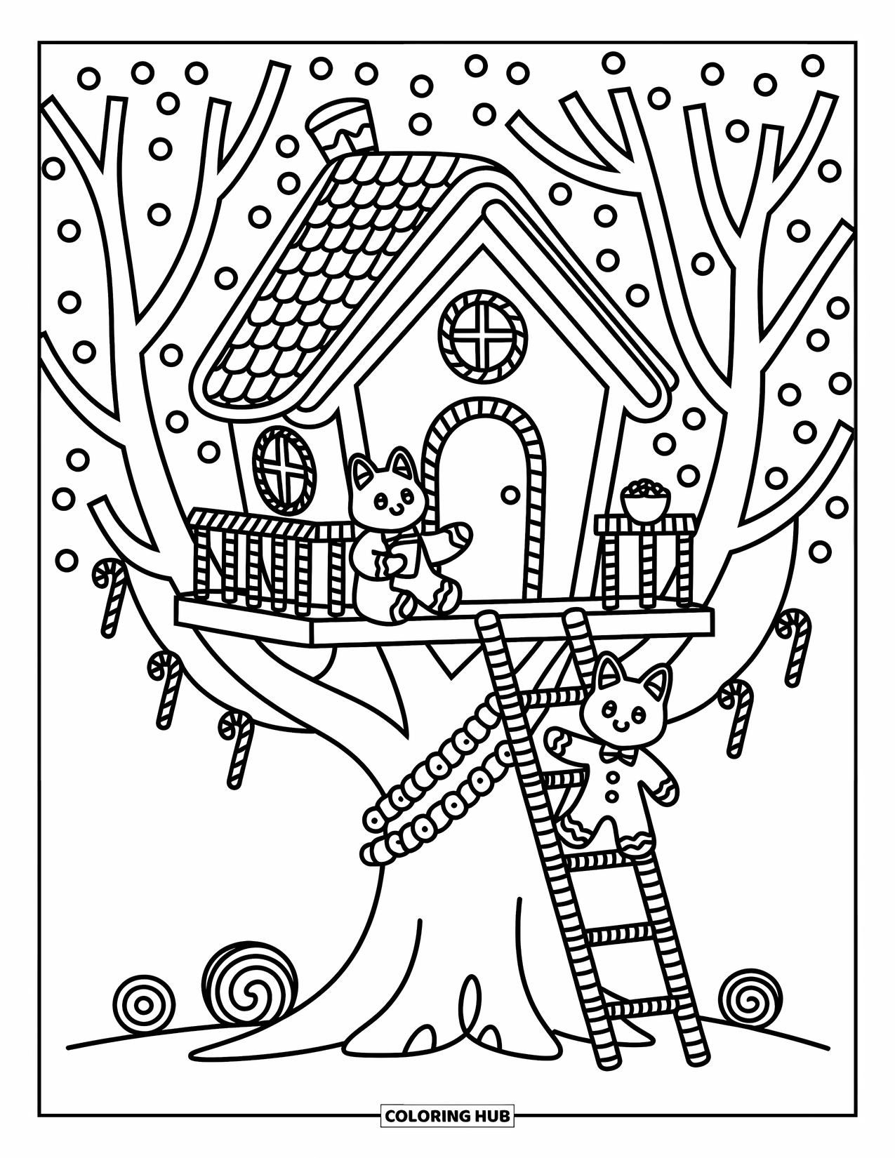 Desen de colorat cu o căsuță de turtă dulce pentru adulți: O vulpe mică de turtă dulce se bucură de cacao într-o casă în copac acoperită cu glazură, cu decorațiuni de bomboane