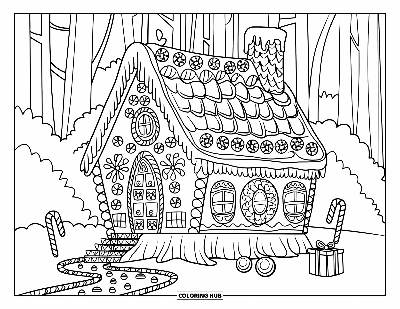 Desen de colorat cu o casă de turtă dulce pentru adulți: O casă capricioasă de turtă dulce pe o buturugă, înconjurată de poteci de bomboane și un fundal de pădure
