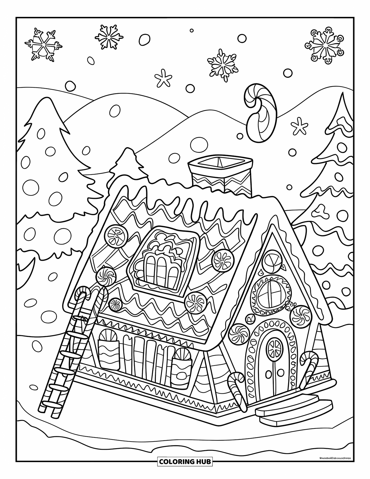 Desen de colorat cu o casă de turtă dulce pentru adulți: O casă de turtă dulce dintr-o minune de iarnă cu un acoperiș de paie, decor de bomboane și copaci înzăpeziți