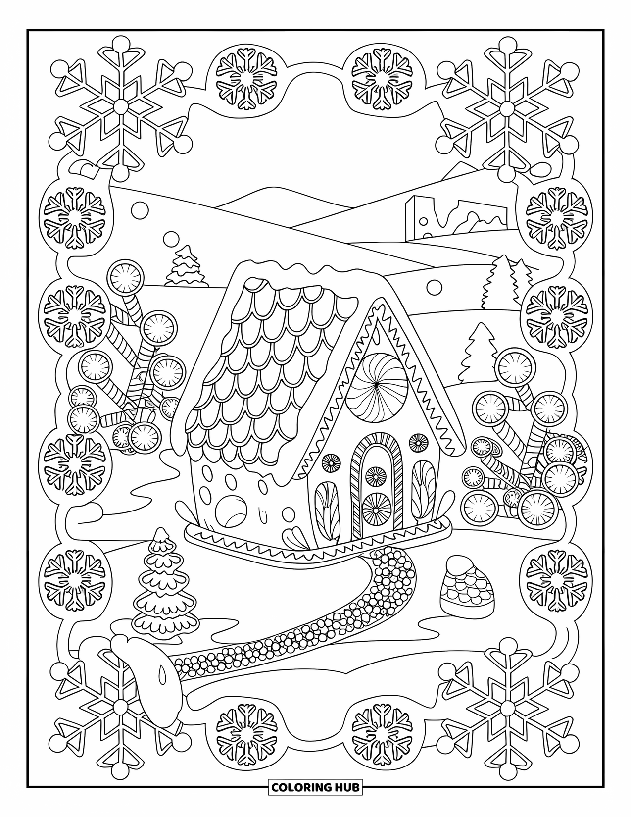 Desen de colorat cu o casă de turtă dulce pentru adulți: O casă de turtă dulce de iarnă cu copaci de bomboane, o potecă de chipsuri de ciocolată și dealuri înzăpezite