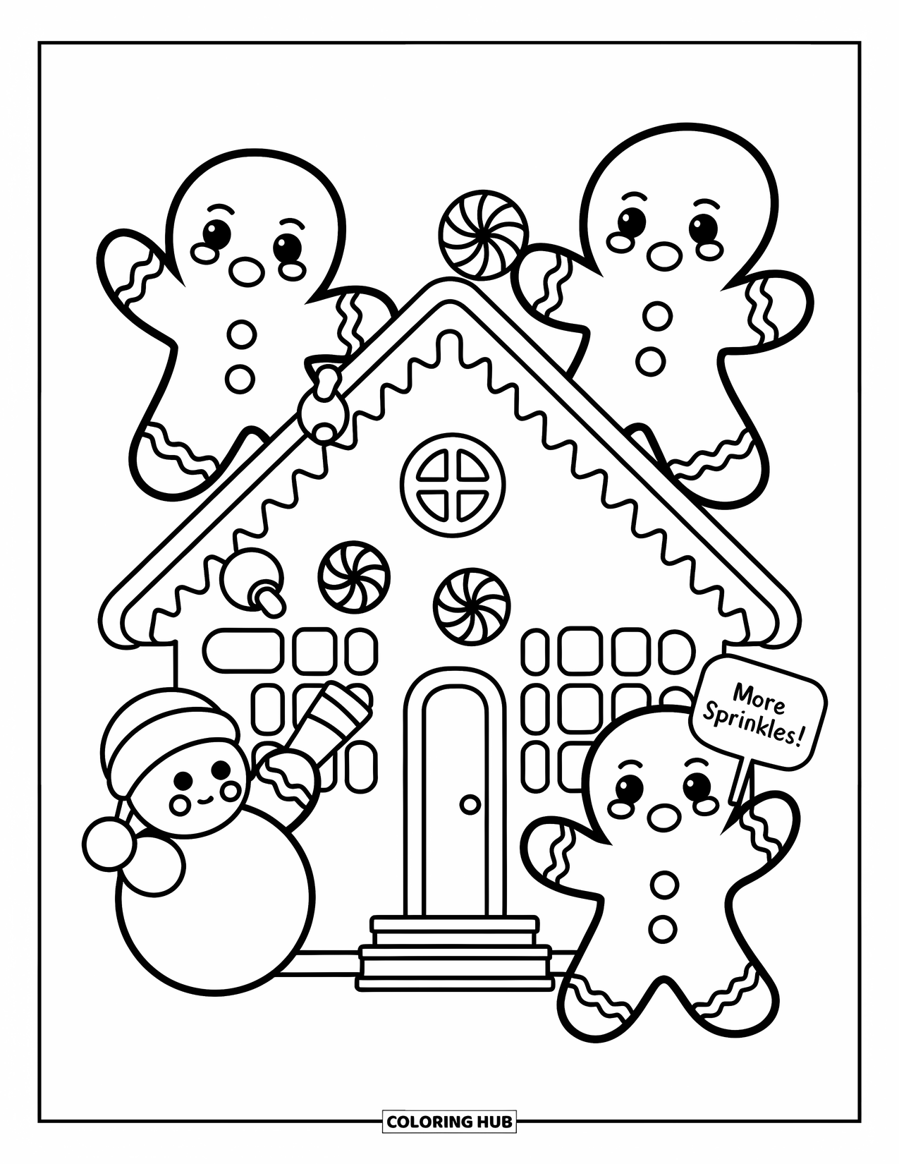 Desen de colorat cu o căsuță de turtă dulce pentru adulți: Personaje de turtă dulce decorează o casă cu bomboane, în timp ce un om de zăpadă de marshmallow strigă după sprinkles