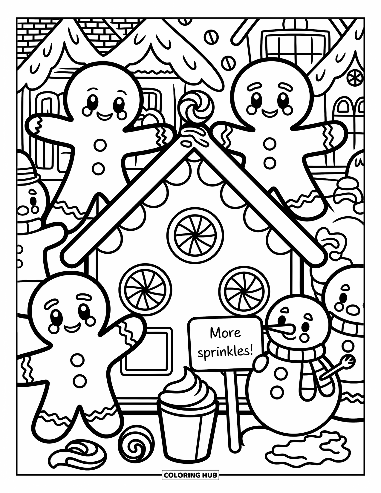 Desen de colorat cu o căsuță de turtă dulce pentru adulți: Prieteni de turtă dulce lucrează împreună, adăugând glazură și bomboane la casa lor pe jumătate decorată