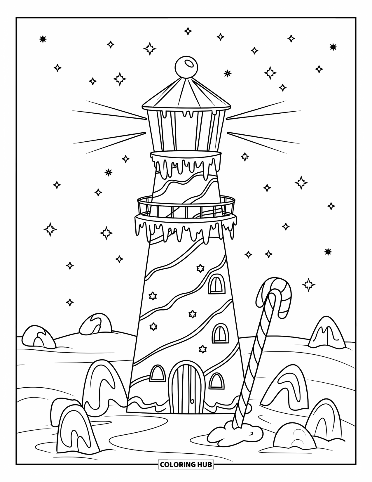 Desen de colorat cu o căsuță de turtă dulce pentru copii: Un far de turtă dulce cu dungi de bomboane, cu stânci din dropsuri și valuri de glazură