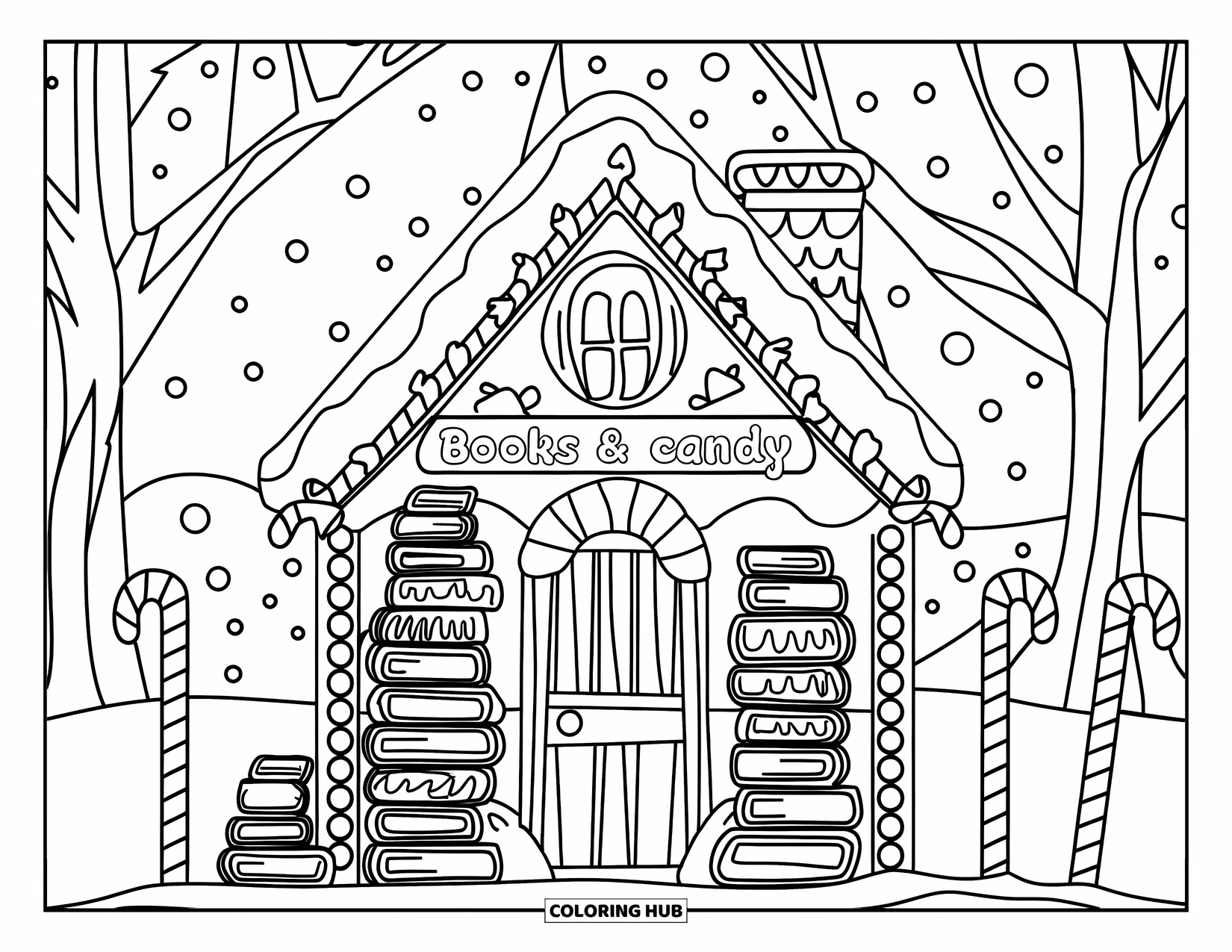 Desen de colorat cu o căsuță de turtă dulce pentru copii: O librărie fermecătoare de turtă dulce, cu bastoane de acadea și un peisaj înzăpezit