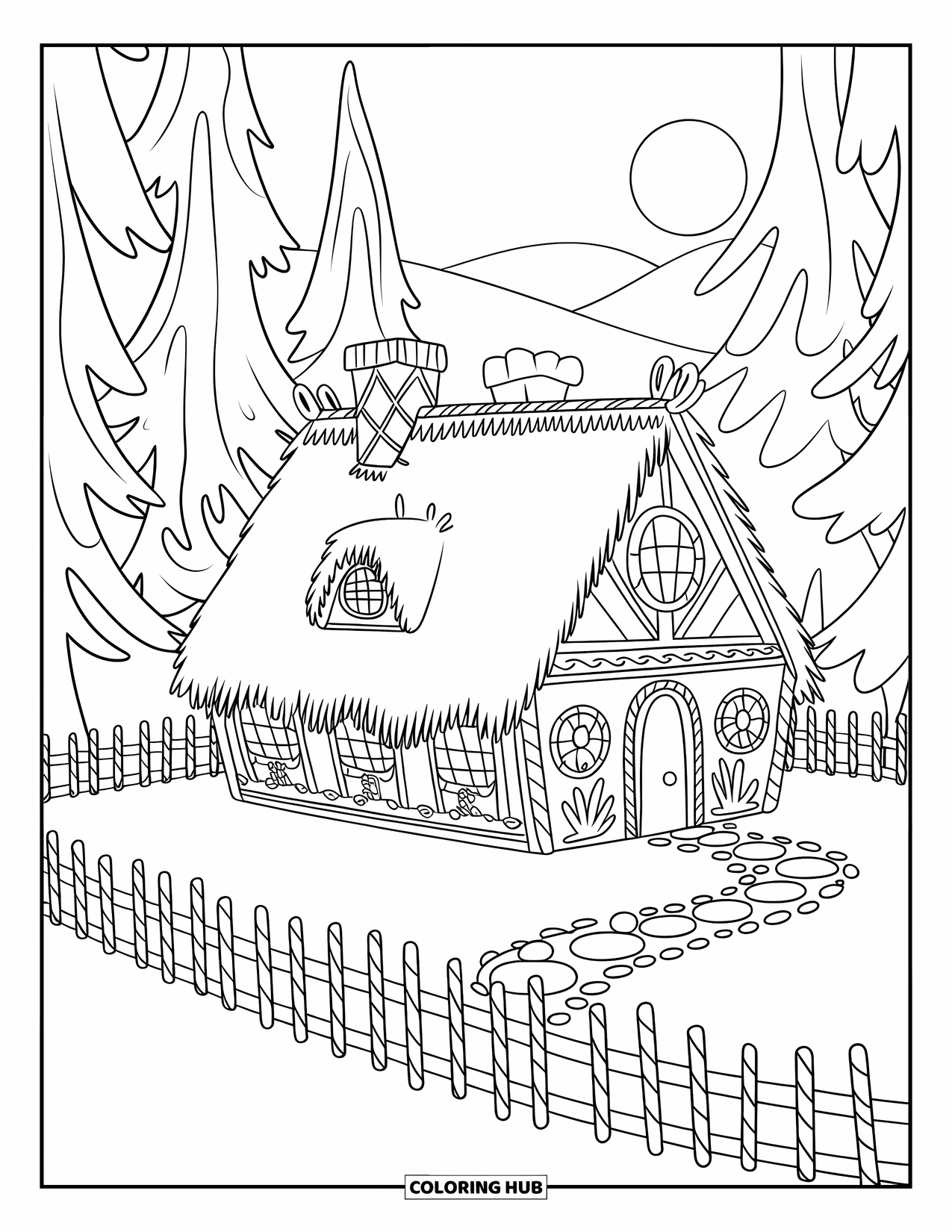 Desen de colorat cu o căsuță de turtă dulce pentru copii: O casă fermecătoare de turtă dulce, cu un gard de lemn și un apus de soare în fundal