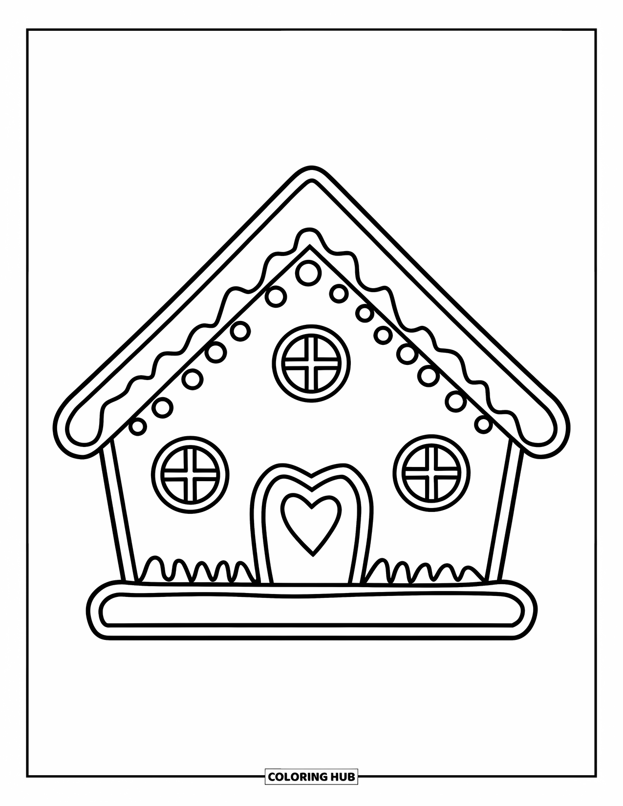 Desen de colorat cu o căsuță de turtă dulce pentru copii: O căsuță fermecătoare de turtă dulce, cu copaci din dropsuri și un peisaj înzăpezit