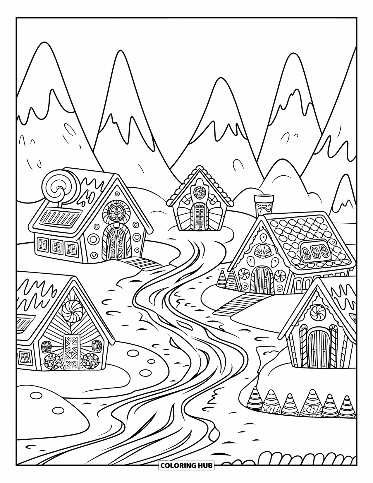 Desen de colorat cu o căsuță de turtă dulce pentru copii: Un sat fermecător de turtă dulce, cu un râu de ciocolată și case acoperite cu bomboane