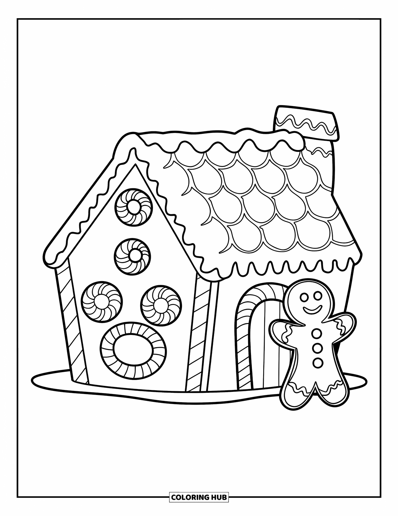 Desen de colorat cu o căsuță de turtă dulce pentru copii: O cabană confortabilă de turtă dulce, cu un om de turtă dulce zâmbitor care face cu mâna lângă ea