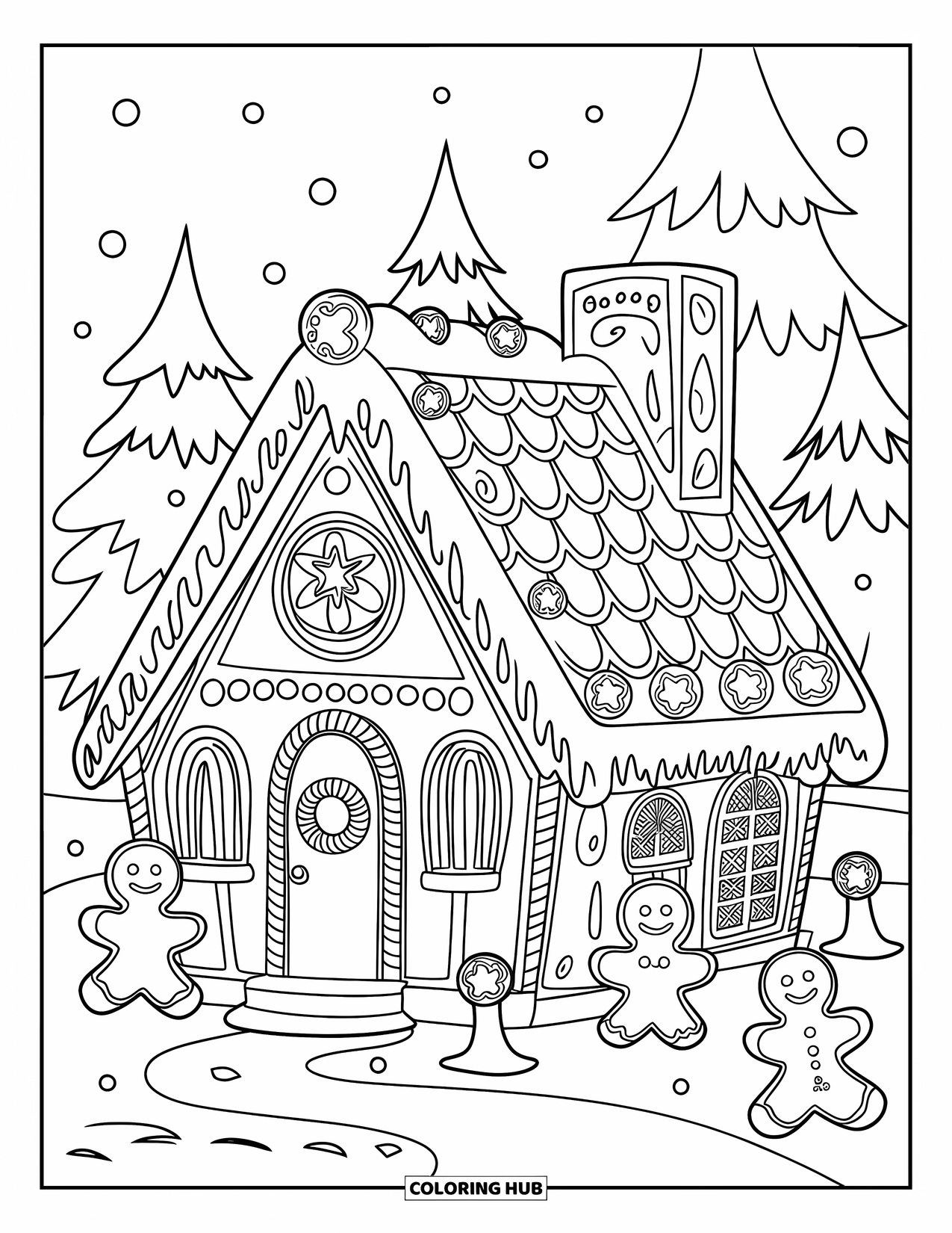 Desen de colorat cu o căsuță de turtă dulce pentru copii: O casă confortabilă de turtă dulce, cu o ghirlandă de bomboane și oameni de turtă dulce care decorează curtea