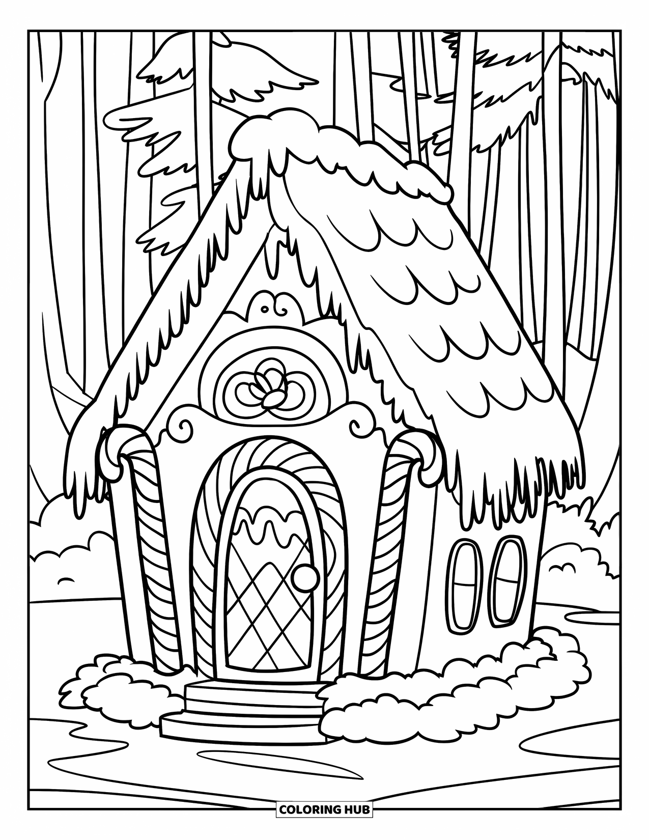Desen de colorat cu o căsuță de turtă dulce pentru copii: O casă confortabilă de turtă dulce, cu o ușă de ciocolată, bastoane de acadea și un fundal pașnic de pădure