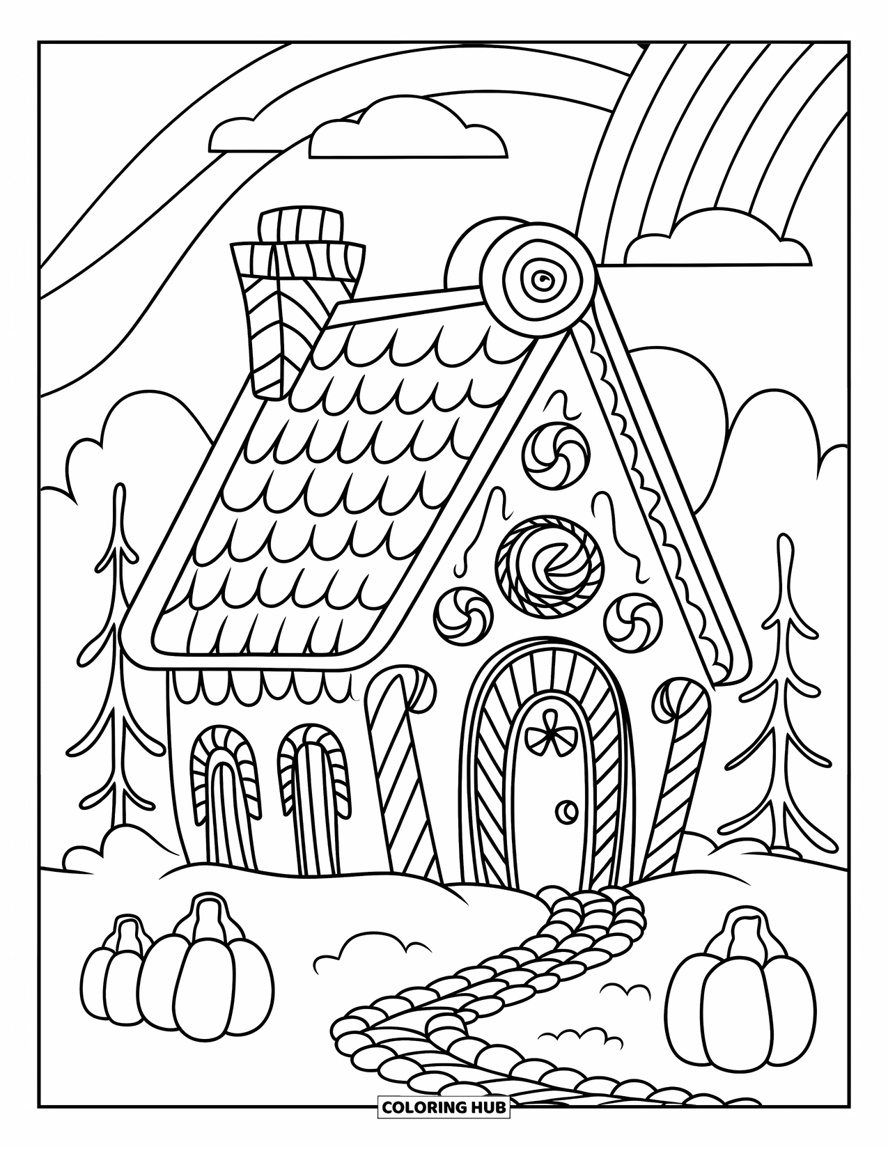 Desen de colorat cu o căsuță de turtă dulce pentru copii: O casă confortabilă de turtă dulce, cu un acoperiș cu vârtej de mentă și o potecă de jeleuri