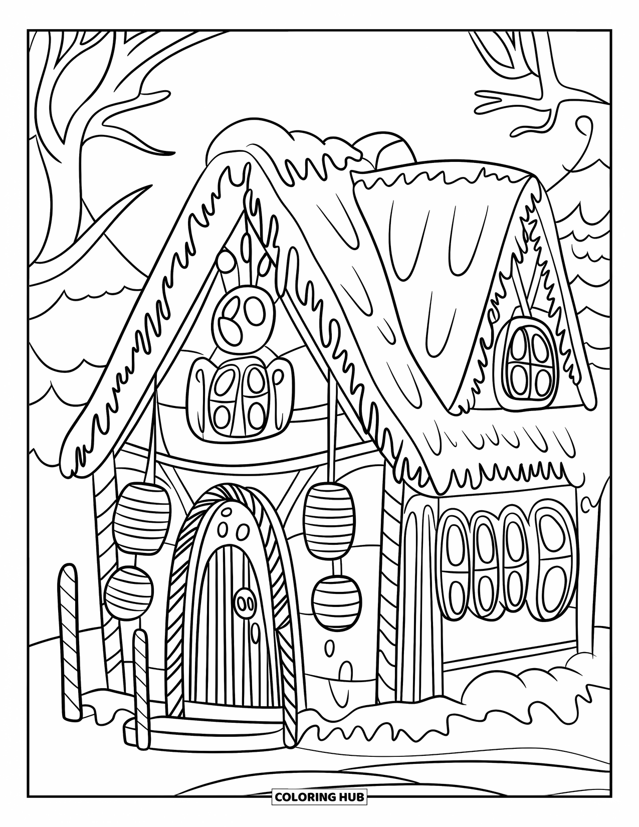 Desen de colorat cu o căsuță de turtă dulce pentru copii: O casă confortabilă de turtă dulce, cu un acoperiș din paie și stâlpi din bastoane de acadea