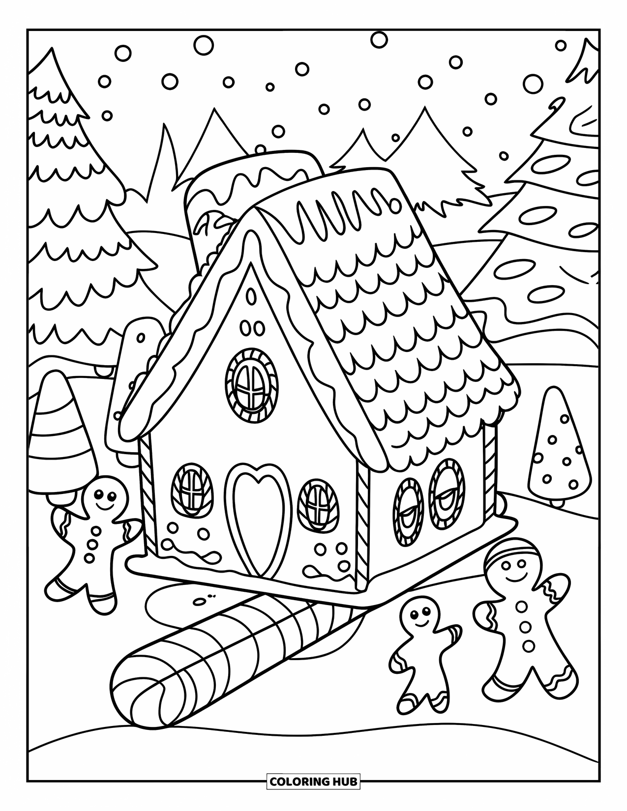 Desen de colorat cu o căsuță de turtă dulce pentru copii: O casă confortabilă de turtă dulce, cu ferestre în formă de inimă și decorațiuni festive