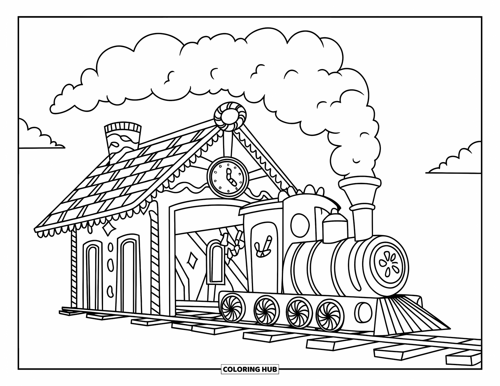 Desen de colorat cu o căsuță de turtă dulce pentru copii: O gară confortabilă de turtă dulce, cu o șină de bastoane de acadea și fum pufos de marshmallow