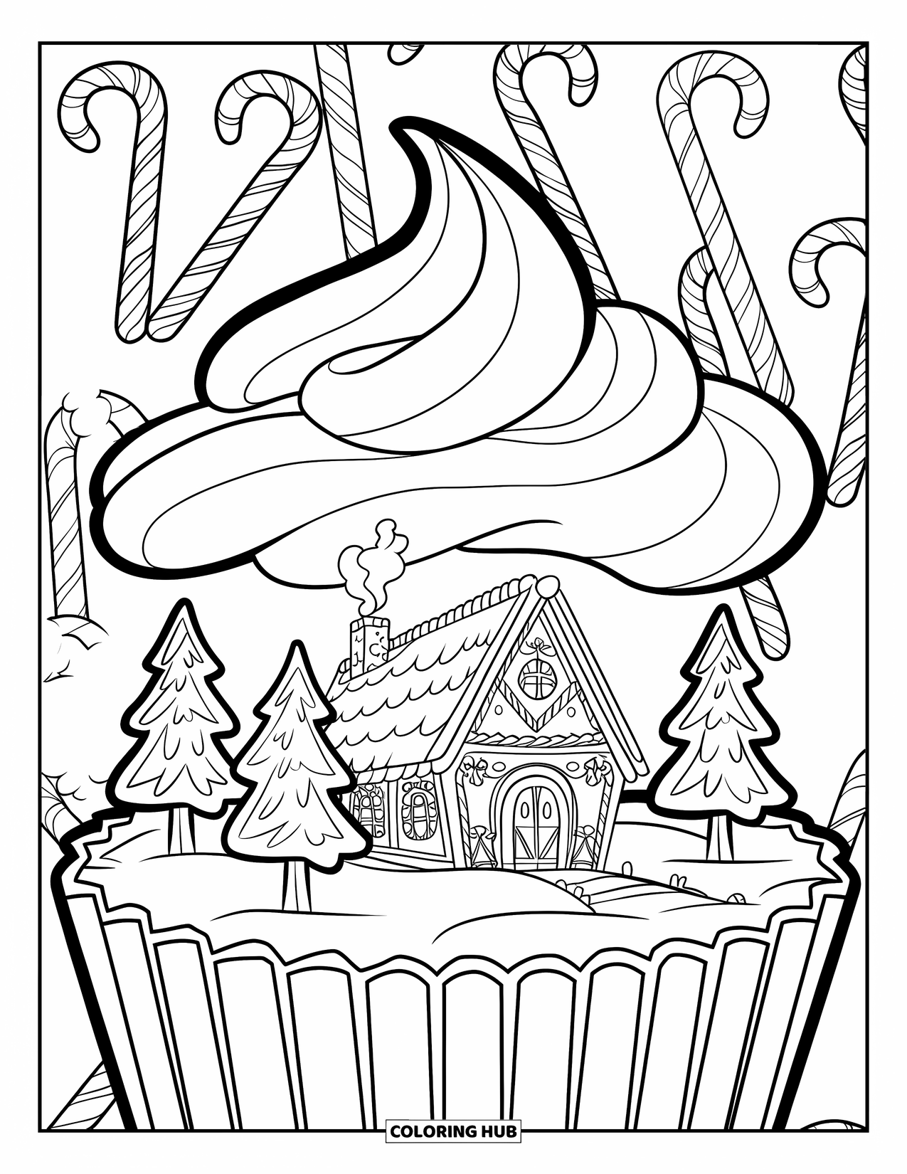 Desen de colorat cu o căsuță de turtă dulce pentru copii: O cabană de turtă dulce în formă de brioșă, cu un acoperiș din paie și copaci din bastoane de acadea