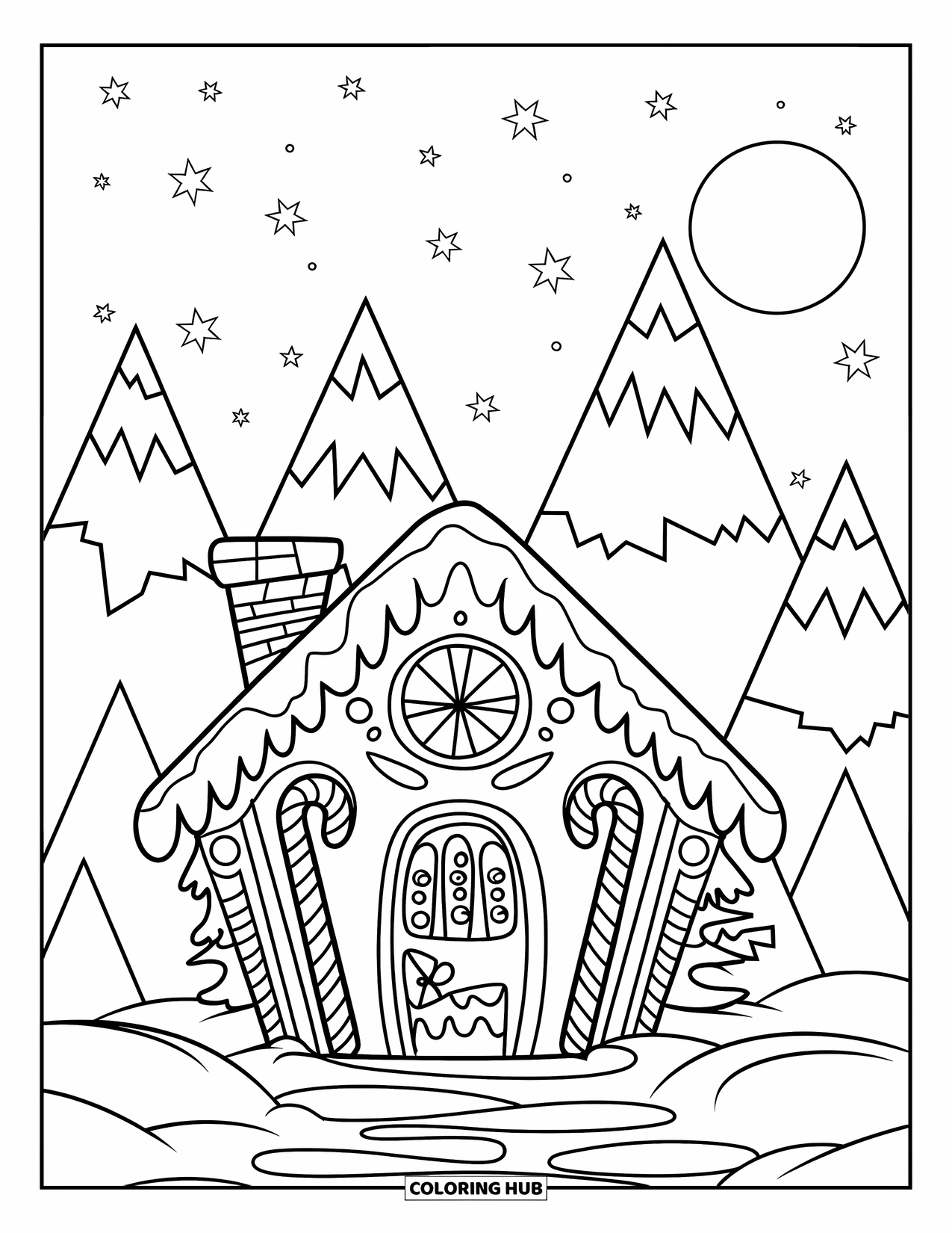 Desen de colorat cu o căsuță de turtă dulce pentru copii: O casă drăguță de turtă dulce, cu o ușă mare de ciocolată, stâlpi din bastoane de acadea și un acoperiș pufos de glazură