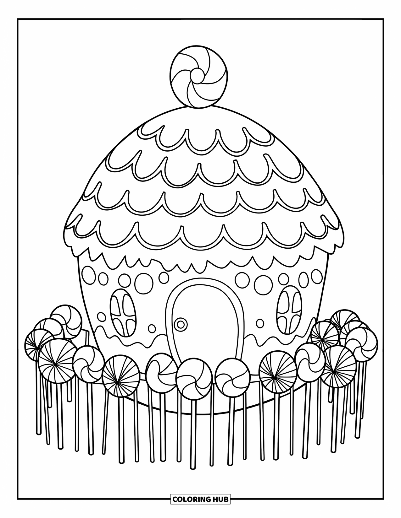 Desen de colorat cu o căsuță de turtă dulce pentru copii: O colibă drăguță de turtă dulce, cu detalii de bomboane și un design rotund și vesel